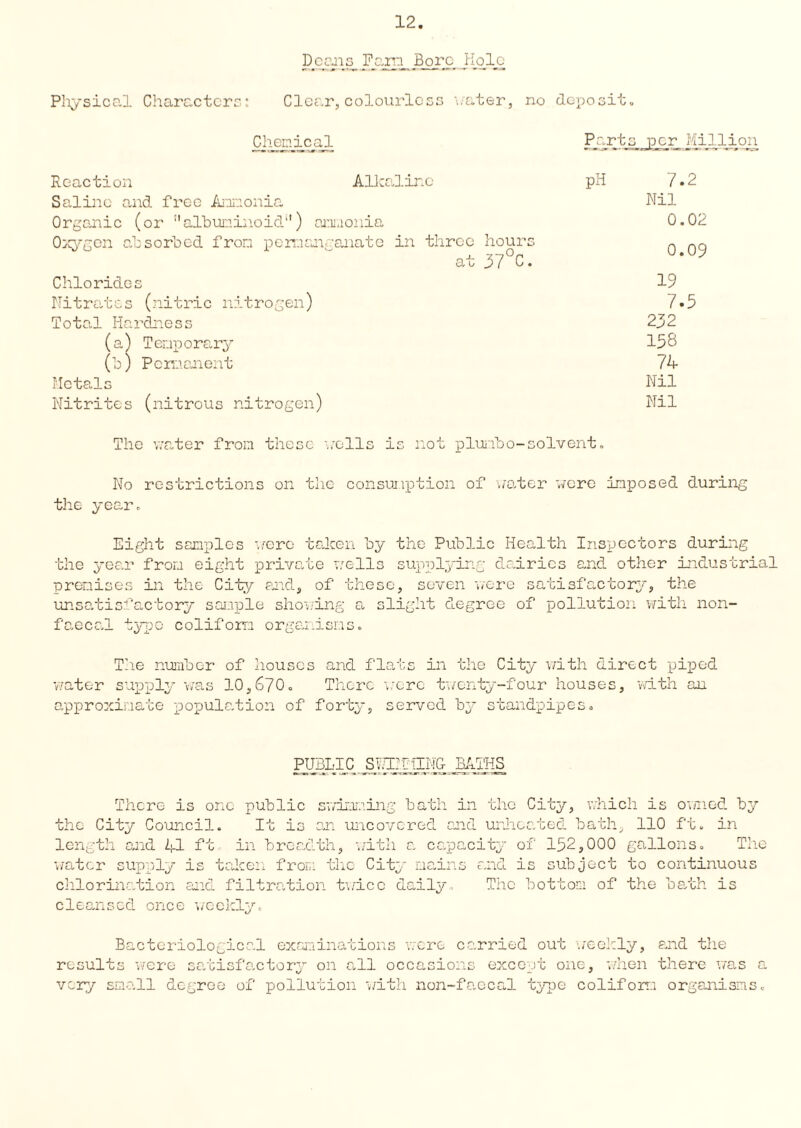 D_cans_ Faro Boro Hole Physical Characters: Clear,colourless water, no deposit. Chemical Parts per Million. Reaction Alkaline Saline and free Annonia Organic (or albuminoid'1) ammonia Oxygen absorbed from peraanganate in three hours at 37°C. Chlorides Nitrates (nitric nitrogen) Total Hardness (a) Temporary (b) Permanent Metals Nitrites (nitrous nitrogen) pH 7.2 Nil 0.02 0.09 19 7.5 232 158 74 Nil Nil The water from these •..•ells is not plumbo-solvent. No restrictions on the consumption of water were imposed during the year. Eight samples were taken by the Public Health Inspectors during the year from eight private wells supplying dairies and other industrial premises in the City and, of these, seven were satisfactory, the unsatisfactory sample showing a slight degree of pollution with non- faecal type coliforo organisms. The number of houses and flats in the City with direct piped 'water supply was 3.0,670. There were twenty-four houses, with, an approximate population of forty, served by standpipes. PUBLIC SvIE:THING- BATHS There is one public swimming bath in the City, which is owned by m the City Council. It i: length and 41 ft in breadth, uncovered and unheated bath, 110 ft. in with a capacity of 152,000 gallons. The water supply is taken from the City mains and is subject to continuous chlorination and filtration twice daily., The bottom of the bath is cleansed once weekly. Bacteriological examinations were carried out weekly, and the results were satisfactory on all occasions except one, when there was c very small degree of pollution with non-faecal type coliforo organisms,