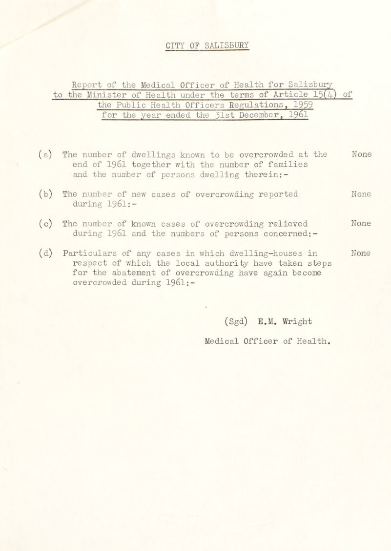 Report of the Medical Officer of Health for Salisbury to the Minister of Health under the terms of Article 13(4) of the Public Health Officers Regulations, 1939 for the year ended the 31st December, 1961 The number of dwellings known to be overcrowded at the None end of I96I together with the number of families and the number of persons dwelling therein:- The number of new cases of overcrowding reported None during I96I:- The number of known cases of overcrowding relieved None during I96I and the numbers of persons concerned:- Particulars of any cases In which dwelling-houses in None respect of which the local authority have taken steps for the abatement of overcrowding have again become overcrowded during I96I:- (Sgd) E.M. Wright