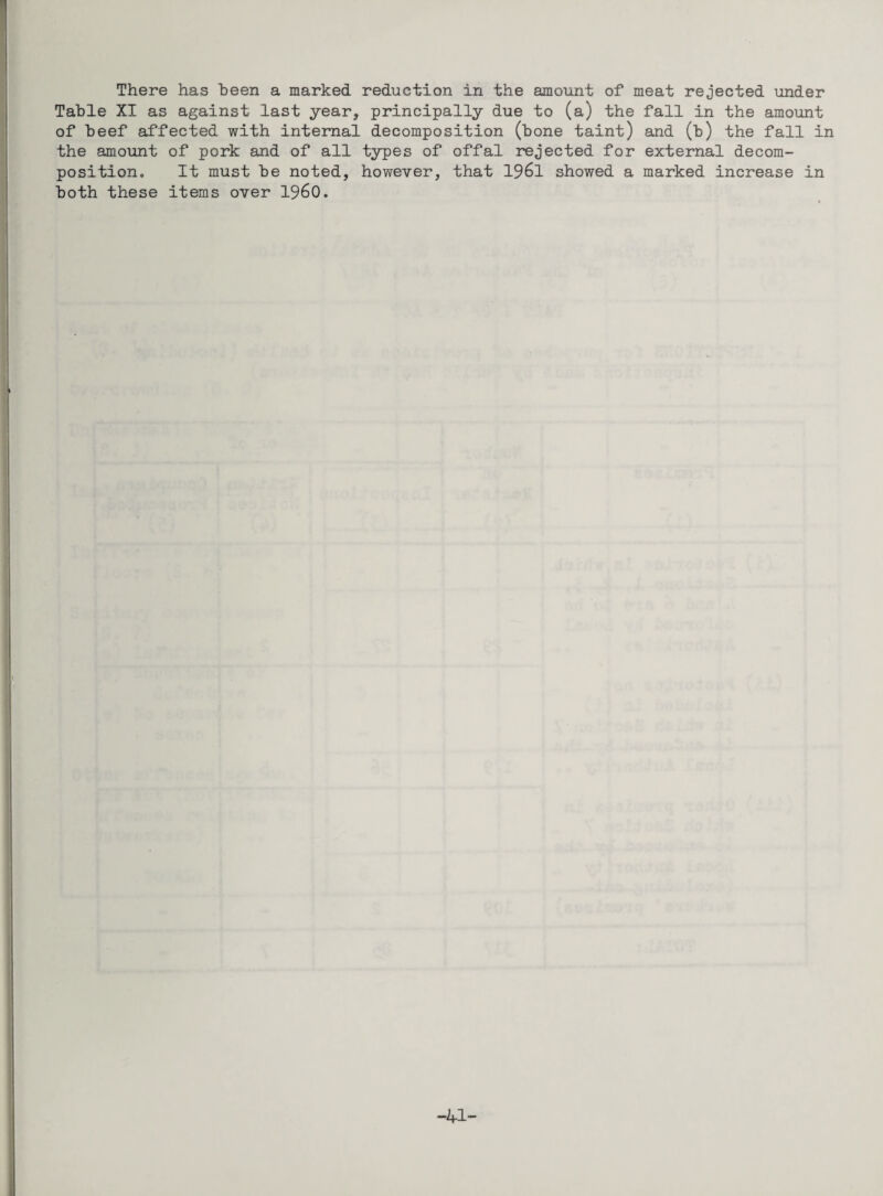 There has been a marked reduction in the amount of meat rejected under Table XI as against last year, principally due to (a) the fall in the amount of beef affected with internal decomposition (bone taint) and (b) the fall in the amount of pork and of all types of offal rejected for external decom¬ position. It must be noted, however, that 19^1 showed a marked increase in both these items over I960. -41-