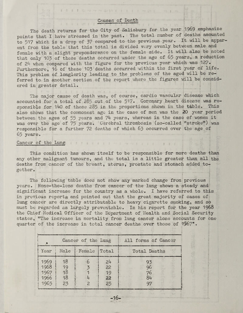 The death returns for the City of Salisbury for the year 1969 emphasize points that I have stressed in the past. The total number of deaths amounted to 517 which is a drop of 37 compared to the previous year. It will be appar ent from the table that this total is divided very evenly between male and female with a slight preponderance on the female side. It will also oe nocea that only 103 of these deaths occurred under the age of 63 years, a reduction of 24 v/hen compared with the figure for the previous year which was 127* Furthermore, 16 of these 103 deaths occurred within the first year of life. This problem of longlerity leading to the problems of the aged will be re¬ ferred to in another section of the report where the figures will be consid¬ ered in greater detail. The major cause of death was, of course, cardio vascular disease which accounted for a total of 285 out of the 517. Coronary heart disease was re¬ sponsible for 140 of these 285 in the proportions shown in the table. This also shows that the commonest ago in the case of men was the 20 year period between the ages of 55 years and 74 years, whereas in the case of women it was over the age of 75 years. Cerebral thrombosis (so-called stroke) was responsible for a further 72 deaths of which 63 occurred over the age of 65 years. Cancer of the Lung This condition has shown itself to be responsible for more deaths than any other malignant tumours, and the total is a little greater than all the deaths from cancer of the breast, uterus, prostate and stomach added to¬ gether. 1 The following table does not show any marked change from previous years. None-the-less deaths from cancer of the lung shows a steady and significant increase for the country as a whole. I have referred to this in previous reports and pointed out that the great majority of cases of lung cancer are directly attributable to heavy cigarette smoking, and so must be regarded as largely preventable. In his report for the year 1968 the Chief Medical Officer of the Department of Health and Social Security states, The increase in mortality from lung cancer alone accounts for one quarter of the increase in total cancer deaths over those of 1967*• =:* Cancer of the Lung All forms of Cancer ! Year ) Male Female Total Total Deaths i 1 1969 18 6 24 93 1968 19 3 22 96 1967 18 1 19 76 1 1966 18 * 22 84 1965 t 23 2 25 97 1 -16-