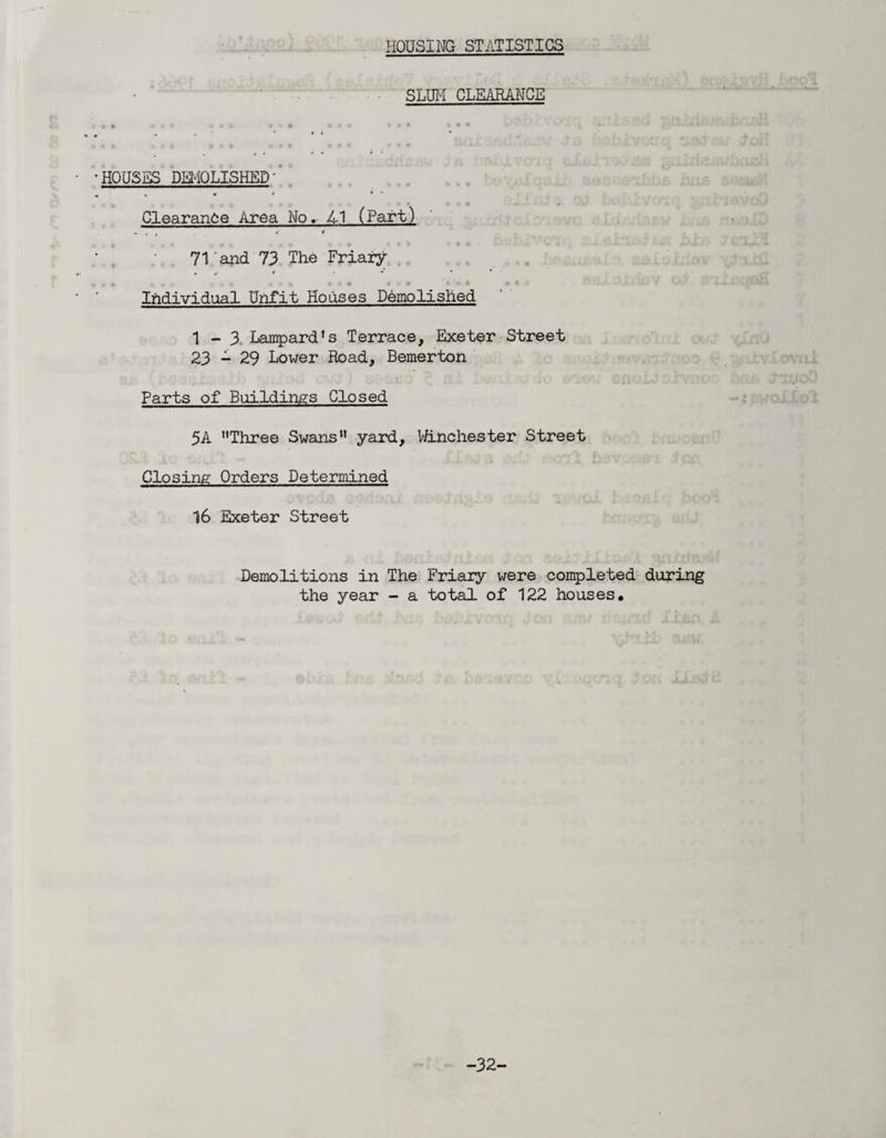 HOUSING STATISTICS • SLUM CLEARANCE • » » • ♦ • * ♦ • • * » ♦ * HOUSES DEMOLISHED'* . *. * * * * * * Clearance Area No. 41 (Part) 71 and 73 The Friary Individual Unfit Houses Demolished 1-3. Lampard's Terrace, Exeter Street 23 S 29 Lower Road, Bemerton Parts of Buildings Closed 5A Three Swans yard, Winchester Street Closing Orders Determined 16 Exeter Street Demolitions in The Friary were completed during the year - a total of 122 houses. -32-