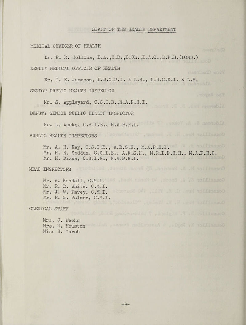 STAFF OF THE HEALTH DEPARTMENT MEDICAL OFFICER OF HEALTH DrF. R. Hollins, B.A. ,M.B. ,B.Ch. ,B.A.Q. ,D.P.H.(LOND.) DEPUTY MEDICAL OFFICER OF HEALTH Dr. I. E. Jameson, L.R.C.P.I. & L.M., L.R.C.S.I. & L.M. SENIOR PUBLIC HEALTH INSPECTOR Mr. So Appleyard, C.S.I.B.,M.A.P.H.I. DEPUTY SENIOR PUBLIC HEALTH INSPECTOR Mr. L. Weeks, C.S.I.B., M.A.P.H.I. PUBLIC HEALTH INSPECTORS Mr. A. H. Kay, C.S.I.B., A.R.S.H., M.A.P.H.I. Mr. H. H. Seddon, C.S.I.B., A.R.S.H., M.R.I.P.H.H., M.A.P.H.I. Mr. H. Dixon, C.S.I.B., M.A.P.H.I. MEAT INSPECTORS Mr. A. Kendall, C.M.I. Mr. R. R. White, C.M.I. Mr. J. W. Davey, C.M.I. Mr. R. G. Palmer, C.M.I. CLERICAL STAFF Mrs. J. Weeks Mrs. I/. Heuston Miss S. Marsh -4-