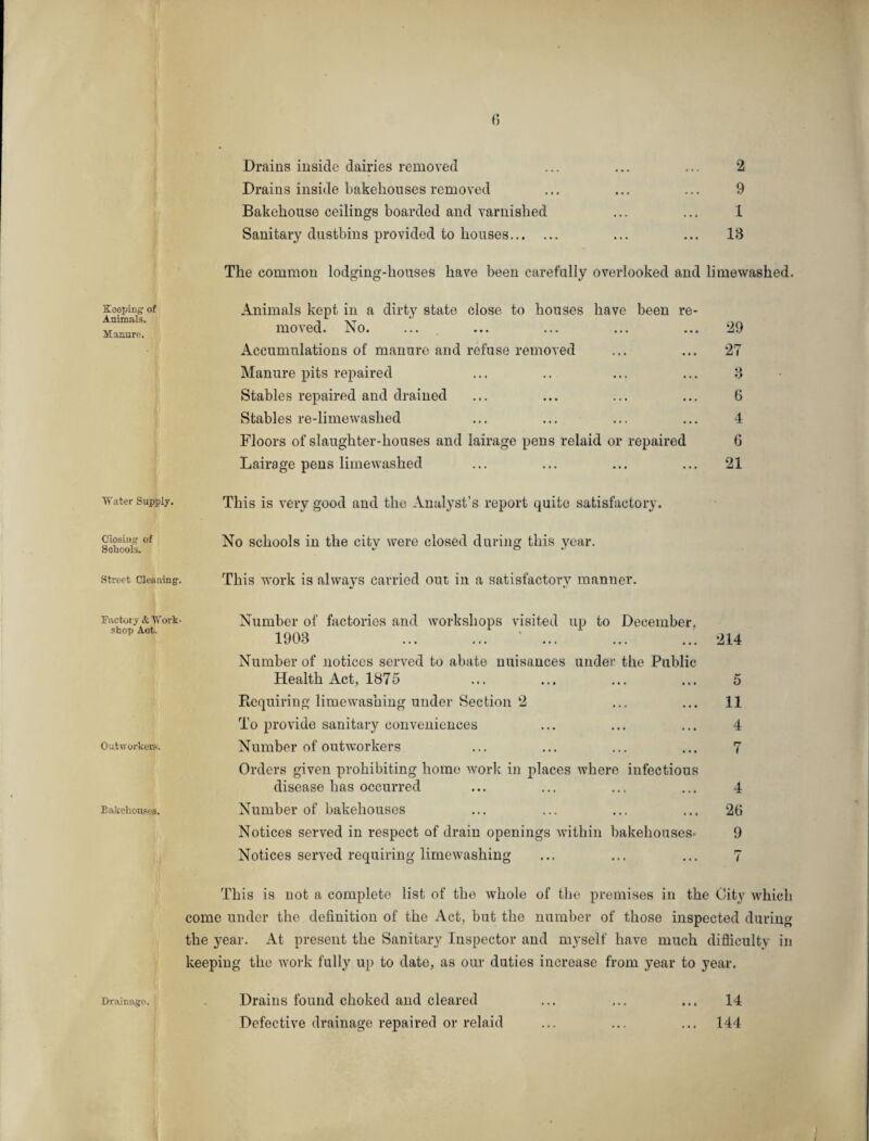 Keeping of Animals. Manure. Water Supply. Drains inside dairies removed Drains inside bakehouses removed Bakehouse ceilings boarded and varnished Sanitary dustbins provided to houses... . 2 9 1 IB The common lodging-houses have been carefully overlooked and limewashed. Animals kept in a dirty state close to houses have been re¬ moved. No. Accumulations of manure and refuse removed Manure pits repaired Stables repaired and drained Stables re-limewaslied Floors of slaughter-houses and lairage pens relaid or repaired Lairage pens limewashed 29 27 B 6 4 6 21 This is very good and the Analyst’s report quite satisfactory. closing of No schools in the citv were closed during this year. Schools. ° *7 street cleaning. This work is always carried out in a satisfactory manner. Factory & Work¬ shop Aot. Outworkers. Bakehouses. Number of factories and workshops visited up to December, 1903 . ... ..214 Number of notices served to abate nuisances under the Public Health Act, 1875 ... ... ... ... 5 Requiring limewashing under Section 2 ... ... 11 To provide sanitary conveniences ... ... ... 4 Number of outworkers ... ... ... ... 7 Orders given prohibiting homo work in places where infectious disease has occurred ... ... ... ... 4 Number of bakehouses ... ... ... ... 26 Notices served in respect of drain openings within bakehouses- 9 Notices served requiring limewashing ... ... ... 7 This is not a complete list of the whole of the premises in the City which come under the definition of the Act, but the number of those inspected during the year. At present the Sanitary Inspector and myself have much difficulty in keeping the work fully up to date, as our duties increase from year to year. Drainage. Drains found choked and cleared ... ... ... 14 Defective drainage repaired or relaid ... ... ... 144