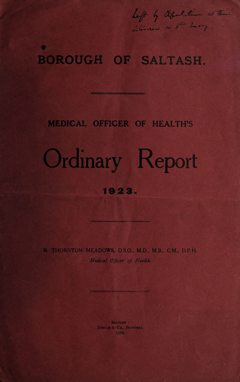 %^-: BOROUGH OF SALTASH. MEDICAL OFFICER OF HEALTH’S Ordinary Report R. THORNTON MEADOWS. D.aO., M.D.. M.B., CM.. D.RH. Medical Officer of Health.