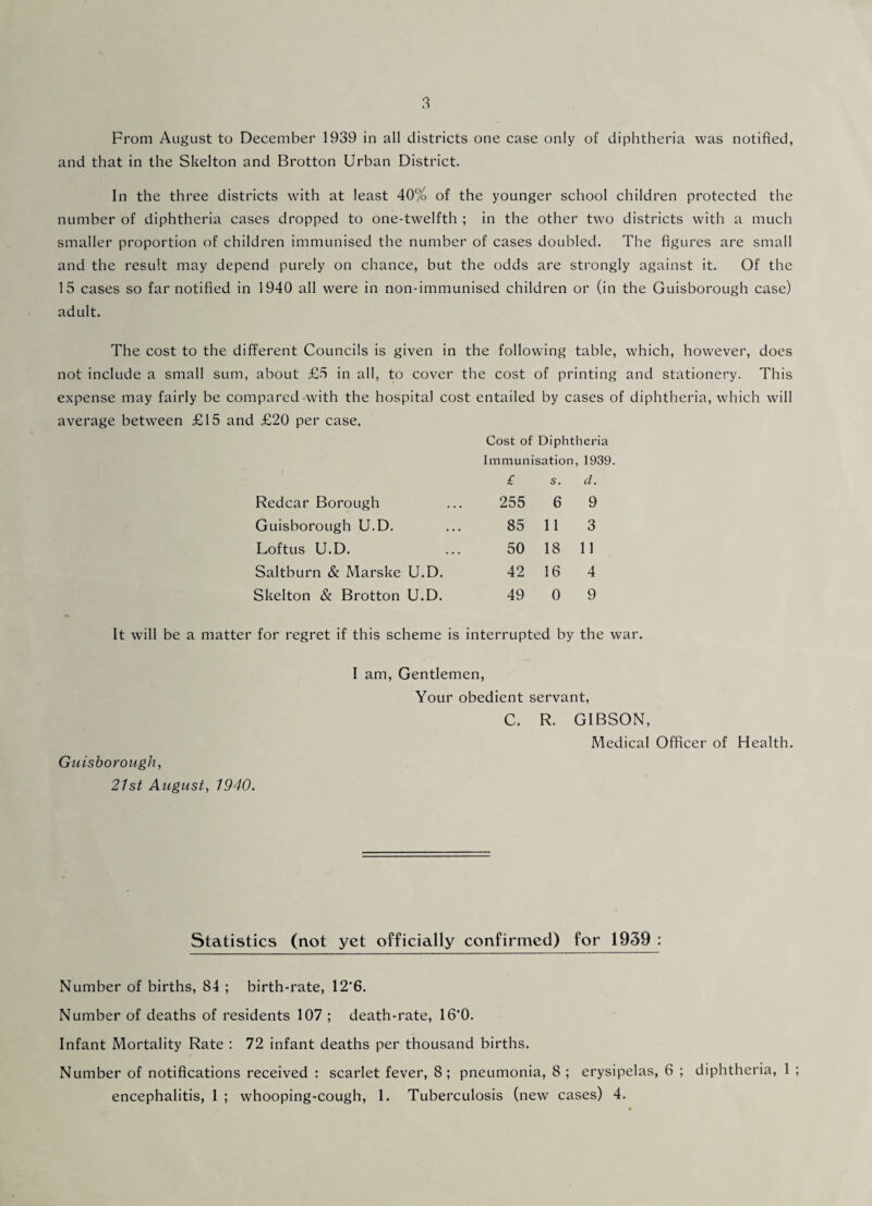 From August to December 1939 in all districts one case only of diphtheria was notified, and that in the Skelton and Brotton Urban District. In the three districts with at least 40% of the younger school children protected the number of diphtheria cases dropped to one-twelfth ; in the other two districts with a much smaller proportion of children immunised the number of cases doubled. The figures are small and the result may depend purely on chance, but the odds are strongly against it. Of the 15 cases so far notified in 1940 all were in non-immunised children or (in the Guisborough case) adult. The cost to the different Councils is given in the following table, which, however, does not include a small sum, about £5 in all, to cover the cost of printing and stationery. This expense may fairly he compared-with the hospital cost entailed by cases of diphtheria, which will average between £15 and £20 per case, Cost of Diphtheria Immunisation, 1939. £ s. d. Redcar Borough 255 6 9 Guisborough U.D. 85 11 3 Loftus U.D. 50 18 11 Saltburn & Marske U.D. 42 16 4 Skelton & Brotton U.D. 49 0 9 It will be a matter for regret if this scheme is interrupted by the war. Guisborough, 21st August, 1940. I am, Gentlemen, Your obedient servant, C. R. GIBSON, Medical Officer of Health. Statistics (not yet officially confirmed) for 1939 : Number of births, 84 ; birth-rate, 12‘6. Number of deaths of residents 107 ; death-rate, 16*0. Infant Mortality Rate : 72 infant deaths per thousand births. Number of notifications received : scarlet fever, 8; pneumonia, 8 ; erysipelas, 6 ; diphtheria, 1 ; encephalitis, 1 ; whooping-cough, 1. Tuberculosis (new cases) 4.