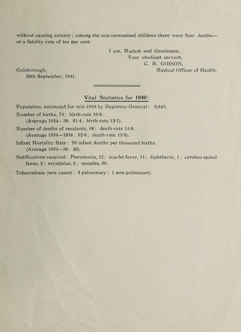 without causing anxiety; among the non-immunised children there were four deaths— or a fatality rate of ten per cent. I am, Madam and Gentlemen, Your obedient servant, C. R. GIBSON, Guisborough, Medical Officer of Health. 29th September, 1941. Vital Statistics for 1940: Population, estimated for mid-1940 by Registrar-General: 6,843. Number of births, 74; birth-rate 10’8. (Average 1934—38: 81-4; birth-rate 12*1). Number of deaths of residents, 96; death-rate 14*0, (Average 1934—1938: 92*6; death-rate 13*8). Infant Mortality Rate: 79 infant deaths per thousand births. (Average 1934—38: 49). Notifications received: Pneumonia, 12; scarlet fever, 11; diphtheria, 1; cerebro-spinal fever, 2 ; erysipelas, 5 ; measles, 89. Tuberculosis (new cases) ; 3 pulmonary ; 1 non.pulmonary.