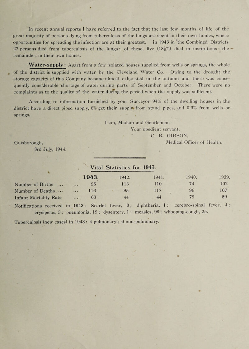 In recent annual reports I have referred to the fact that the last few months of life of the great majority of persons dying from tuberculosis of the lungs are spent in their own homes, where opportunities for spreading the infection are at their greatest. In 1943 in 'the Combined Districts 27 persons died from tuberculosis of the lungs: of these, five (18i%) died in institutions: the remainder, in their own homes. Water-supply: Apart from a few isolated houses supplied from wells or springs, the whole of the district is supplied with water by the Cleveland Water Co. Owing to the drought the storage capacity of this Company became almost exhausted in the autumn and there was conse* quently considerable shortage of water during parts of September and October. There were no complaints as to the quality of the water dunng the period when the supply was sufficient. According to information furnished by your Surveyor 94% of the dwelling houses in the district have a direct piped supply, 6% get their supply* from stand pipes, and 0'3% from wells or springs. 1 am, Madam and Gentlemen, Your obedient servant, C. R. GIBSON, Guisborough, Medical Officer of Health. 3rd Jujy, 1944. Vital Statistics for 1943. % 1943 1942. 1941. 1940. 1939. Number of Births 95 113 110 74 102 Number of Deaths ••• 116 95 117 96 107 Infant Mortality Rate 63 44 44 79 59 Notifications received in 1943: Scarlet fever, 8 ; diphtheria, 1 ; cerebro-spinal fever, 4 ; erysipelas, 5 ; pneumonia, 19 ; dysentery,!; measles, 99 ; whooping-cough, 25. Tuberculosis (new cases) in 1943: 4 pulmonary ; 6 non-pulmonary. /