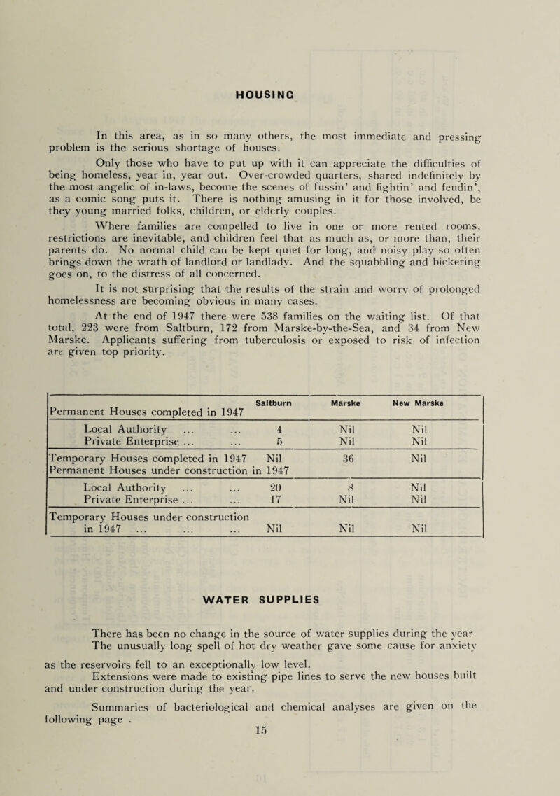 HOUSING In this area, as in so many others, the most immediate and pressing problem is the serious shortage of houses. Only those who have to put up with it can appreciate the difficulties of being homeless, year in, year out. Over-crowded quarters, shared indefinitely by the most angelic of in-laws, become the scenes of fussin’ and fightin’ and feudin’, as a comic song puts it. There is nothing amusing in it for those involved, be they young married folks, children, or elderly couples. Where families are compelled to live in one or more rented rooms, restrictions are inevitable, and children feel that as much as, or more than, their parents do. No normal child can be kept quiet for long, and noisy play so often brings down the wrath of landlord or landlady. And the squabbling and bickering goes on, to the distress of all concerned. It is not surprising that the results of the strain and worry of prolonged homelessness are becoming obvious in many cases. At the end of 1947 there were 538 families on the waiting list. Of that total, 223 were from Saltburn, 172 from Marske-by-the-Sea, and 34 from New Marske. Applicants suffering from tuberculosis or exposed to risk of infection art given top priority. Saltburn Marske New Marske Permanent Houses completed in 1947 Ix)cal Authority 4 Nil Nil Private Enterprise ... 5 Nil Nil Temporary Houses completed in 1947 Nil 36 Nil Permanent Houses under construction in 1947 Local Authority 20 S Nil Private Enterprise ... 17 Nil Nil Temporary Houses under construction in 1947 ... Nil Nil Nil WATER SUPPLIES There has been no change in the source of water supplies during the year. The unusually long spell of hot dry weather gave some cause for anxiety as the reservoirs fell to an exceptionally low level. Extensions were made to existing pipe lines to serve the new houses built and under construction during the year. Summaries of bacteriological and chemical analyses are given on the following page .