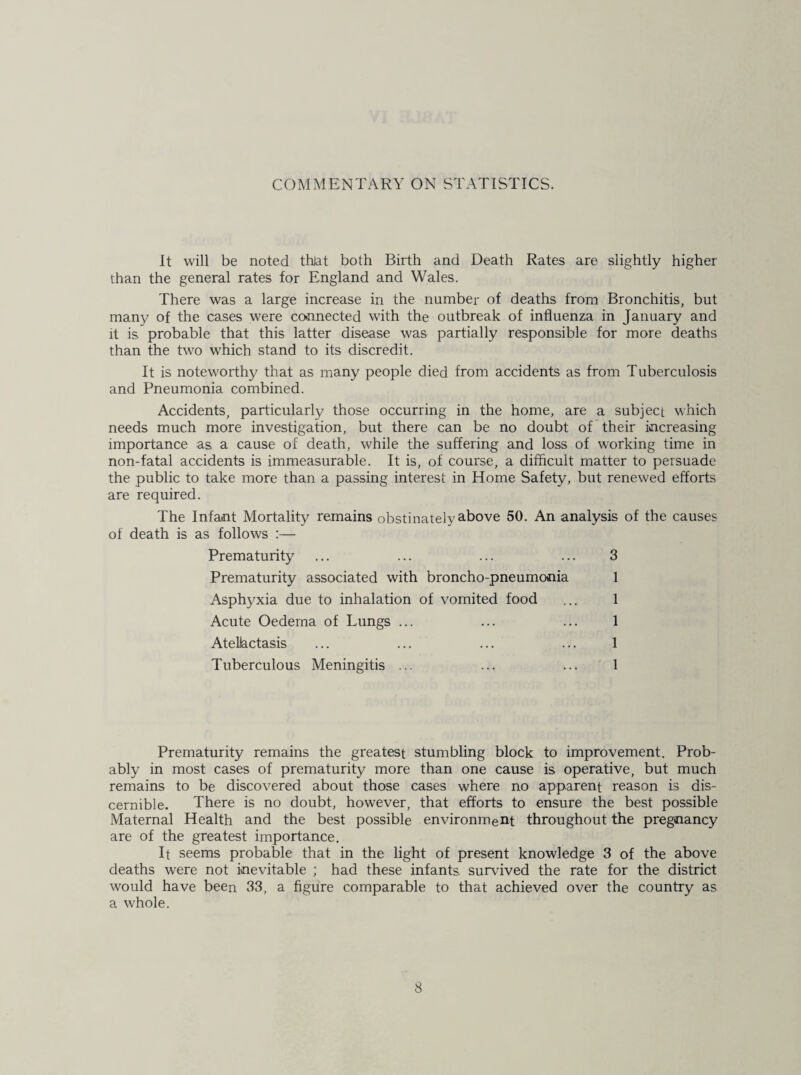 COMMENTARY ON STATISTICS. It will be noted thjat both Birth and Death Rates are slightly higher than the general rates for England and Wales. There was a large increase in the number of deaths from Bronchitis, but many of the cases were connected with the outbreak of influenza in January and it is probable that this latter disease was partially responsible for more deaths than the two which stand to its discredit. It is noteworthy that as many people died from accidents as from Tuberculosis and Pneumonia combined. Accidents, particularly those occurring in the home, are a subject which needs much more investigation, but there can be no doubt of their increasing importance as a cause of death, while the suffering and loss of working time in non-fatal accidents is immeasurable. It is, of course, a difficult matter to persuade the public to take more than a passing interest in Home Safety, but renewed efforts are required. The Infant Mortality remains obstinately above 50. An analysis of the causes of death is as follows :— Prematurity Prematurity associated with broncho-pneumonia Asphyxia due to inhalation of vomited food Acute Oedema of Lungs ... Atellactasis Tuberculous Meningitis ... 3 1 1 1 1 1 Prematurity remains the greatest stumbling block to improvement. Prob¬ ably in most cases of prematurity more than one cause is operative, but much remains to be discovered about those cases where no apparent reason is dis¬ cernible. There is no doubt, however, that efforts to ensure the best possible Maternal Health and the best possible environment throughout the pregnancy are of the greatest importance. It seems probable that in the light of present knowledge 3 of the above deaths were not inevitable ; had these infants survived the rate for the district would have been 33, a figure comparable to that achieved over the country as a whole.
