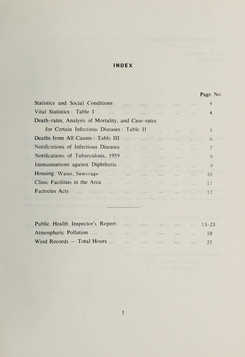 INDEX Page No. Statistics and Social Conditions ... ... ... ... ... 4 Vital Statistics: Table I ... . . ... 4 Death-rates, Analysis of Mortality, and Case-rates for Certain Infectious Diseases: Table II ... ... ... 5 Deaths from All Causes: Table III . ... ... ... 6 Notifications of Infectious Diseases ... ... ... ... ... 7 Notifications of Tuberculosis, 1959 ... ... ... ... ... 9 Immunisations against Diphtheria . 9 Housing. Water, Sewerage ... ... ... ... ... ... 10 Clinic Facilities in the Area ... .. .. . n Factories Acts ... . .. . ... 12 Public Health Inspector’s Report ... ... . ... 13-23 Atmospheric Pollution ... ... . ... 19 Wind Records — Total Hours. 21