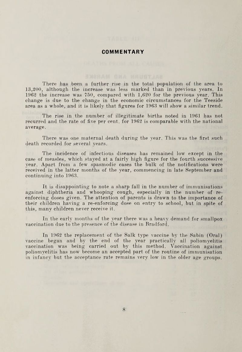 COMMENTARY There has been a further rise in the total population of the area to 13,200, although the increase was less marked than in previous years. In 1962 the increase was 750, compared with 1,620 for the previous year. This change is due to the change in the economic circumstances for the Teeside area as a whole, and it is likely that figures for 1963 will show a similar trend. The rise in the number of illegitimate births noted in 1961 has not recurred and the rate of five per cent, for 1962 is comparable with the national average. There was one maternal death during the year. This was the first such death recorded for several years. The incidence of infectious diseases has remained low except in the case of measles, which stayed at a fairly high figure for the fourth successive year. Apart from a few spasmodic cases the bulk of the notifications were received in the latter months of the year, commencing in late September and continuing into 1963. It is disappointing to note a sharp fall in the number of immunisations against diphtheria and whooping cough, especially in the number of re¬ enforcing doses given. The attention of parents is drawn to the importance of their children having a re-enforcing dose on entry to school, but in spite of this, many children never receive it. In the early months of the year there was a heavy demand for smallpox vaccination due to the presence of the disease in Bradford. In 1962 the replacement of the Salk type vaccine by the Sabin (Oral) vaccine began and by the end of the year practically all poliomyelitis vaccination was being carried out by this method. Vaccination against poliomyelitis has now become an accepted part of the routine of immunisation in infancy but the acceptance rate remains very low in the older age groups.