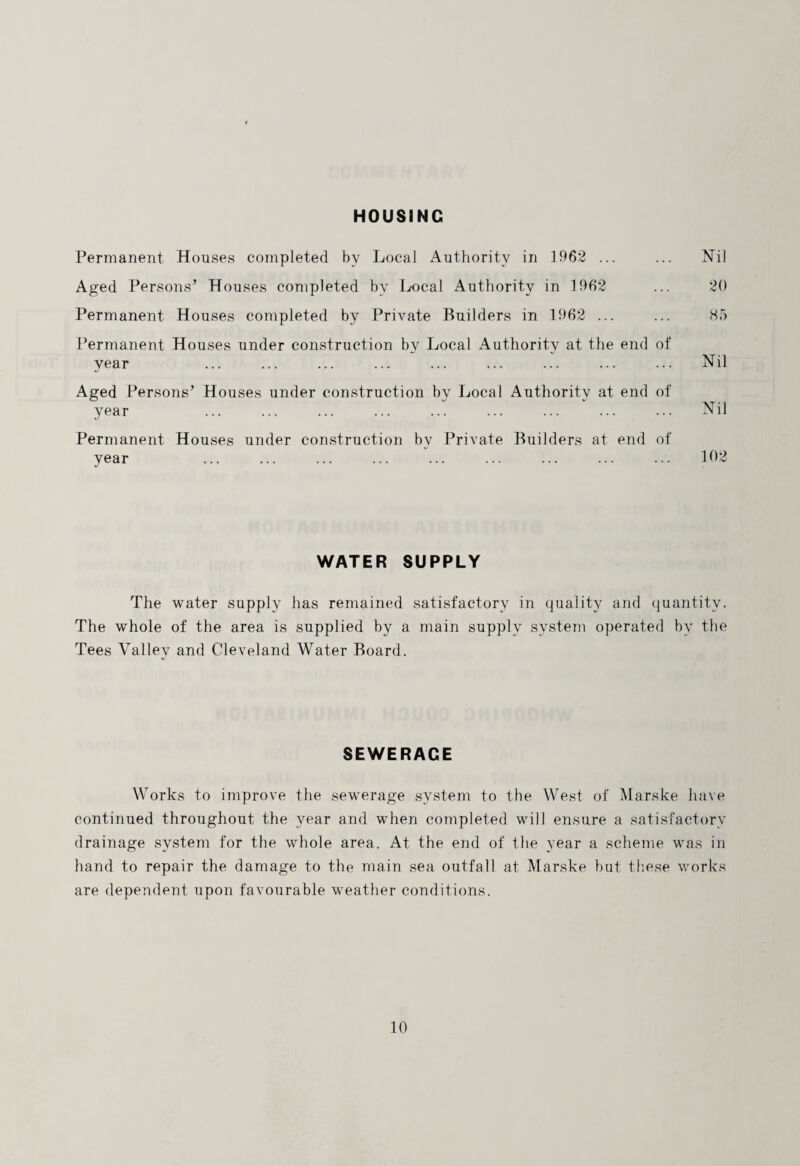 HOUSING Permanent Houses completed by Local Authority in 1962 ... ... Nil Aged Persons’ Houses completed by Local Authority in 1962 ... 20 Permanent Houses completed by Private Builders in 1962 ... ... 85 Permanent Houses under construction by Local Authority at the end of year ... ... ... ... ... ... ... ... ... Nil Aged Persons’ Houses under construction by Local Authority at end of year ... ... ... ... ... ... ... ... ... Nil Permanent Houses under construction by Private Builders at end of year ... ... ... ... ... ... ... ... ... 102 WATER SUPPLY The water supply has remained satisfactory in quality and quantity. The whole of the area is supplied by a main supply system operated by the Tees Valley and Cleveland Water Board. SEWERAGE Works to improve the sewerage system to the West of Marske have continued throughout the year and when completed will ensure a satisfactory drainage system for the whole area. At the end of the year a scheme was in hand to repair the damage to the main sea outfall at Marske but these works are dependent upon favourable weather conditions.