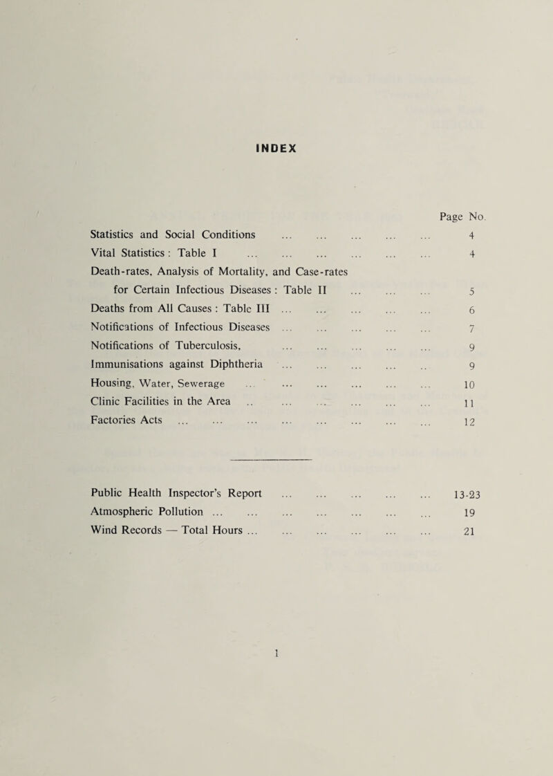 INDEX Page No. Statistics and Social Conditions . . 4 Vital Statistics: Table I . ... 4 Death-rates, Analysis of Mortality, and Case-rates for Certain Infectious Diseases: Table II ... ... ... 5 Deaths from All Causes: Table III ... ... . ... 6 Notifications of Infectious Diseases ... ... 7 Notifications of Tuberculosis, ... ... ... ... ... 9 Immunisations against Diphtheria . 9 Housing, Water, Sewerage ... ... ... ... ... ... 10 Clinic Facilities in the Area ... ... . ... 11 Factories Acts ... ... 12 Public Health Inspector’s Report . . 13-23 Atmospheric Pollution. ... 19 Wind Records — Total Hours. 21