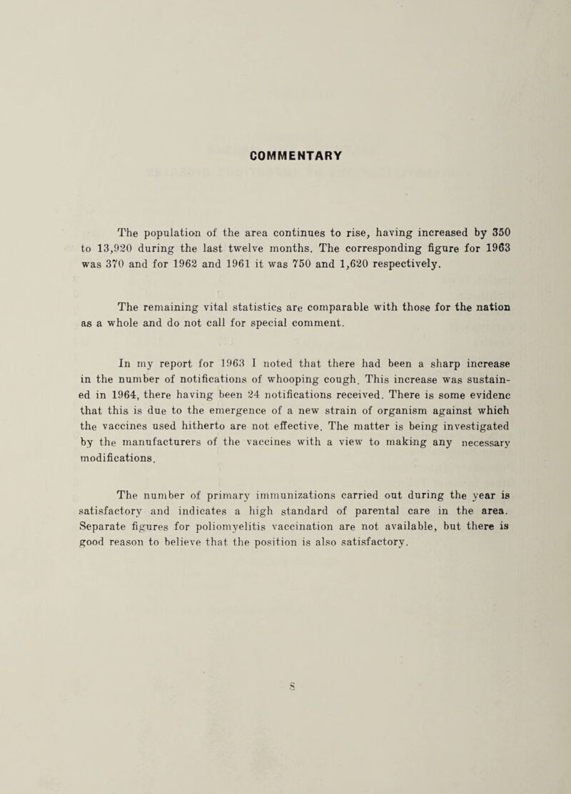 COMMENTARY The population of the area continues to rise, having increased by 350 to 13,930 during the last twelve months. The corresponding figure for 1963 was 370 and for 1963 and 1961 it was 750 and 1,630 respectively. The remaining vital statistics are comparable with those for the nation as a whole and do not call for special comment. In my report for 1963 I noted that there had been a sharp increase in the number of notifications of whooping cough. This increase was sustain¬ ed in 1964, there having been 34 notifications received. There is some evidenc that this is due to the emergence of a new strain of organism against which the vaccines used hitherto are not effective. The matter is being investigated by the manufacturers of the vaccines with a view to making any necessary modifications. The number of primary immunizations carried out during the year is satisfactory and indicates a high standard of parental care in the area. Separate figures for poliomyelitis vaccination are not available, but there is good reason to believe that tlie position is also satisfactory.