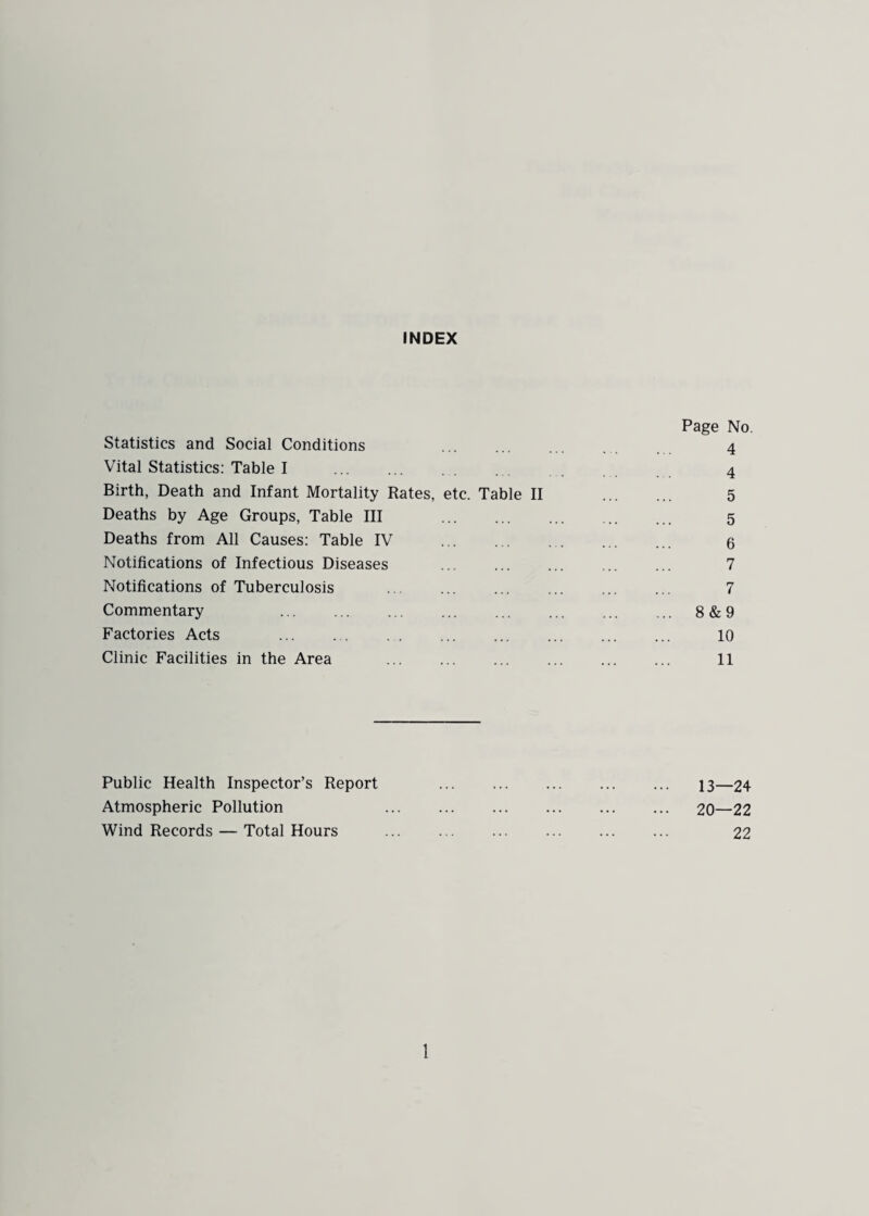 INDEX Page No. Statistics and Social Conditions 4 Vital Statistics: Table I . 4 Birth, Death and Infant Mortality Rates, etc. Table II . 5 Deaths by Age Groups, Table III . 5 Deaths from All Causes: Table IV . . ... 6 Notifications of Infectious Diseases ... ... ... ... ... 7 Notifications of Tuberculosis . 7 Commentary 8&9 Factories Acts 10 Clinic Facilities in the Area . 11 Public Health Inspector’s Report . 13—24 Atmospheric Pollution . 20—22 Wind Records — Total Hours . 22