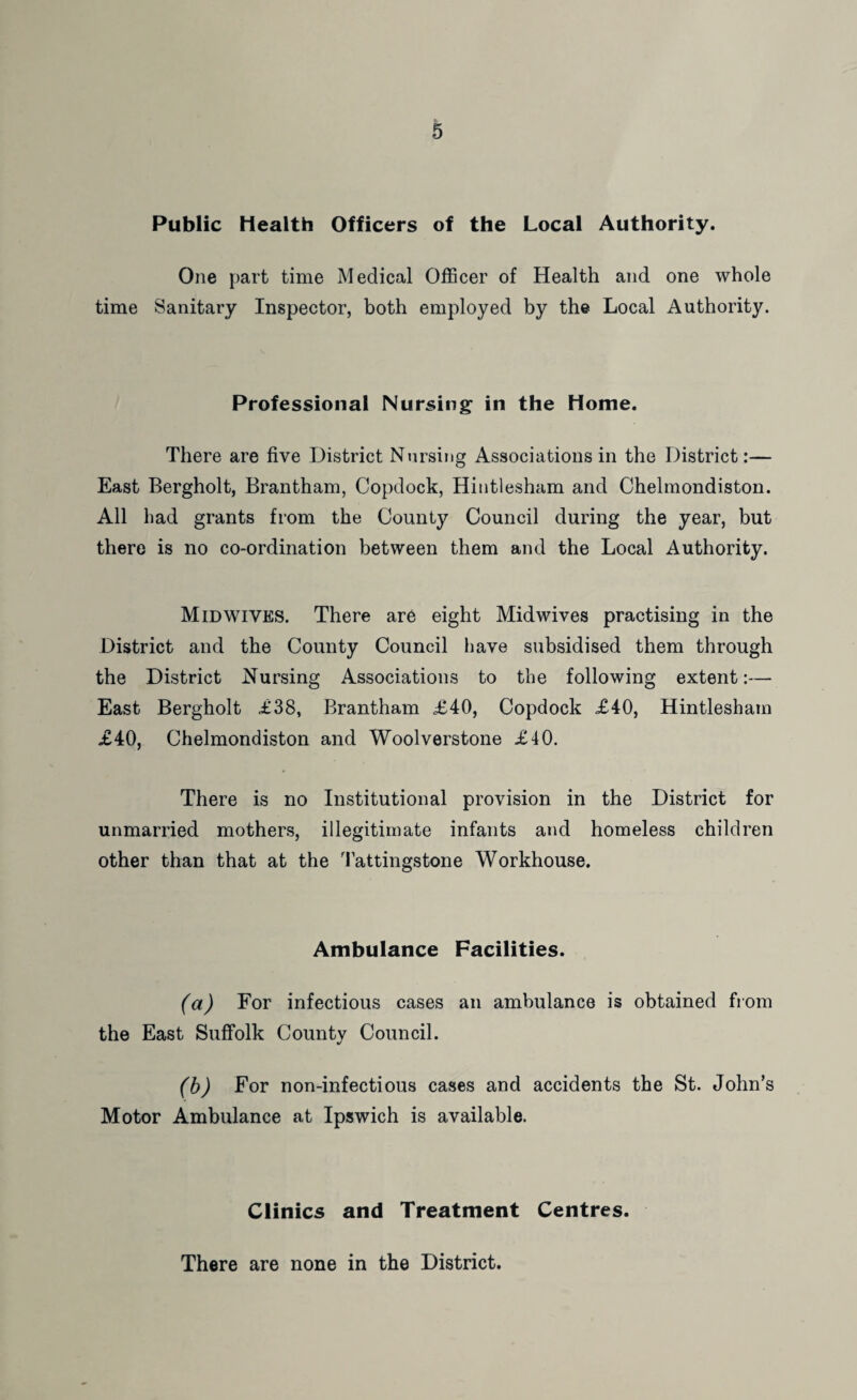 Public Health Officers of the Local Authority. One part time Medical Officer of Health and one whole time .Sanitary Inspector, both employed by the Local Authority. Professional Nursing in the Home. There are five District Nnrsiog Associations in the District:— East Bergholt, Brantham, Copdock, Hintlesham and Chelmondiston. All had grants from the County Council during the year, but there is no co-ordination between them and the Local Authority. Mid WIVES. There are eight Mid wives practising in the District and the County Council have subsidised them through the District Nursing Associations to the following extent:— East Bergholt £38, Brantham £40, Copdock £40, Hintlesham £40, Chelmondiston and Woolverstone £40. There is no Institutional provision in the District for unmarried mothers, illegitimate infants and homeless children other than that at the Tattingstone Workhouse. Ambulance Facilities. (a) For infectious cases an ambulance is obtained from the East Suffolk County Council. (b) For non-infectious cases and accidents the St. John’s Motor Ambulance at Ipswich is available. Clinics and Treatment Centres. There are none in the District.