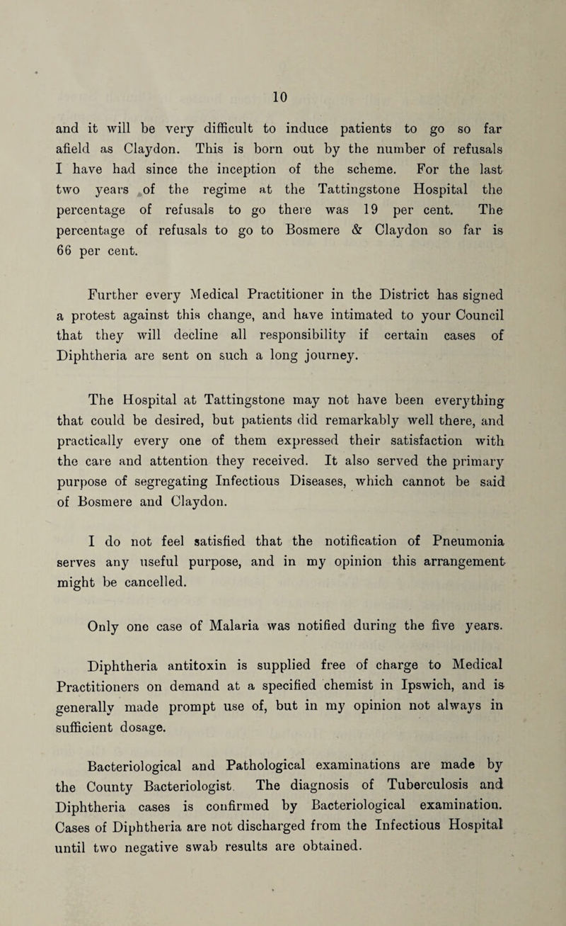 and it will be very difficult to induce patients to go so far afield as Claydon. This is born out by the number of refusals I have had since the inception of the scheme. For the last two years of the regime at the Tattingstone Hospital the percentage of refusals to go there was 19 per cent. The percentage of refusals to go to Bosmere & Claydon so far is 66 per cent. Further every Medical Practitioner in the District has signed a protest against this change, and have intimated to your Council that they will decline all responsibility if certain cases of Diphtheria are sent on such a long journey. The Hospital at Tattingstone may not have been everything that could be desired, but patients did remarkably well there, and practically every one of them expressed their satisfaction with the care and attention they received. It also served the primary purpose of segregating Infectious Diseases, which cannot be said of Bosmere and Claydon. I do not feel satisfied that the notification of Pneumonia serves any useful purpose, and in my opinion this arrangement might be cancelled. Only one case of Malaria was notified during the five years. Diphtheria antitoxin is supplied free of charge to Medical Practitioners on demand at a specified chemist in Ipswich, and is generally made prompt use of, but in my opinion not always in sufficient dosage. Bacteriological and Pathological examinations are made by the County Bacteriologist The diagnosis of Tuberculosis and Diphtheria cases is confirmed by Bacteriological examination. Cases of Diphtheria are not discharged from the Infectious Hospital until two negative swab results are obtained.