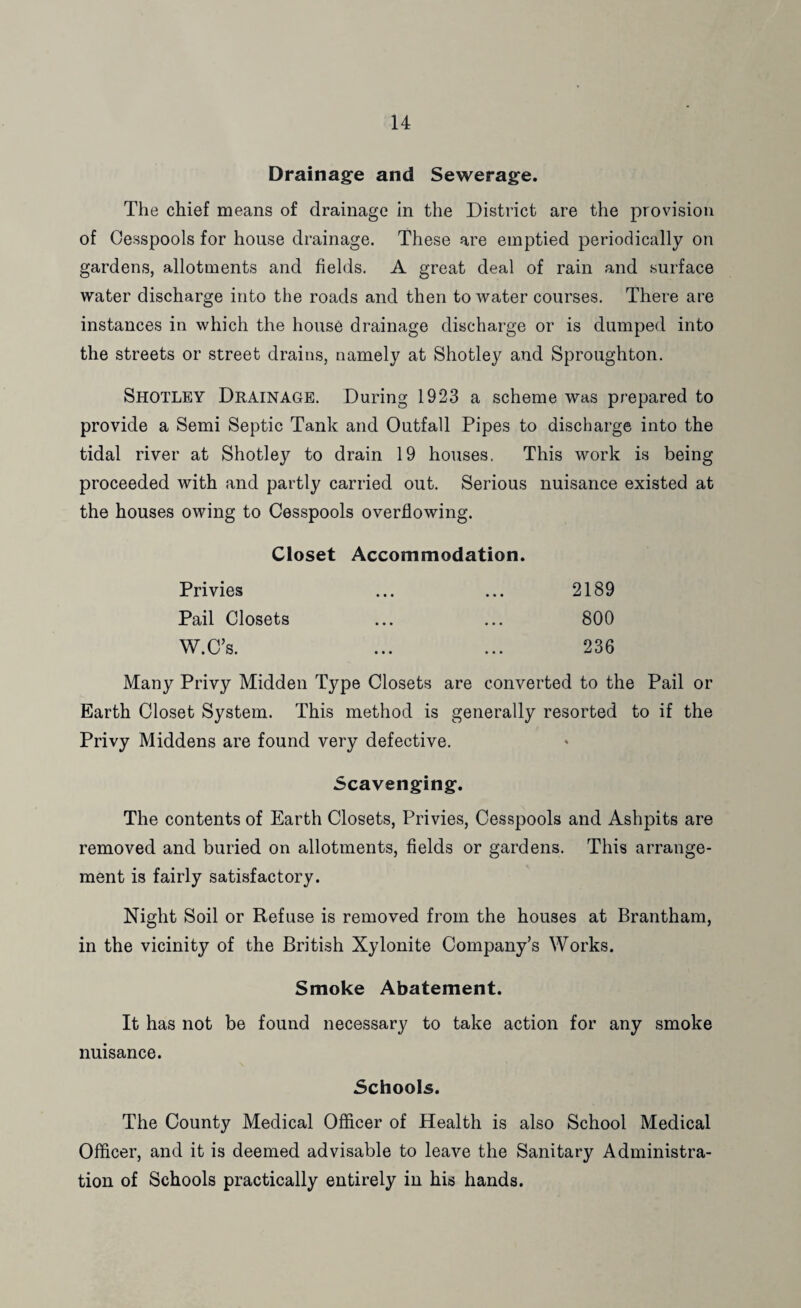 Drainage and Sewerage. The chief means of drainage in the District are the provision of Cesspools for house drainage. These are emptied periodically on gardens, allotments and fields. A great deal of rain and surface water discharge into the roads and then to water courses. There are instances in which the house drainage discharge or is dumped into the streets or street drains, namely at Shotley and Sproughton. Shotley Drainage. During 1923 a scheme was prepared to provide a Semi Septic Tank and Outfall Pipes to discharge into the tidal river at Shotley to drain 19 houses. This work is being proceeded with and partly carried out. Serious nuisance existed at the houses owing to Cesspools overflowing. Closet Accommodation. Privies ... ... 2189 Pail Closets ... ... 800 W.C’s. ... ... 236 Many Privy Midden Type Closets are converted to the Pail or Earth Closet System. This method is generally resorted to if the Privy Middens are found very defective. Scavenging. The contents of Earth Closets, Privies, Cesspools and Ashpits are removed and buried on allotments, fields or gardens. This arrange¬ ment is fairly satisfactory. Night Soil or Refuse is removed from the houses at Brantham, in the vicinity of the British Xylonite Company’s Works. Smoke Abatement. It has not be found necessary to take action for any smoke nuisance. Schools. The County Medical Officer of Health is also School Medical Officer, and it is deemed advisable to leave the Sanitary Administra¬ tion of Schools practically entirely in his hands.