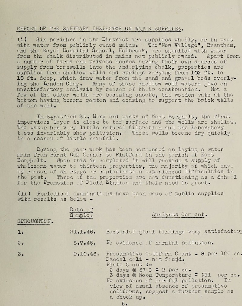 REPORT OP THE SANITRRT INSPECTOR ON W/.T.R SUPPLIES. (i) Six pe.rishes in the District are supplier wh: lly, or in part with water from iDuhlicly ov/ned matins. The'’Now Villago, Brantham, and the Royal Hospital School, Holbrook, are supplied with water from the chalk distributed in mains not publicly owned* 4part from a number of farms and private houses having their ov/n sources of supply from borewells into the und^^rlying chalk, properties are supplied from shallow walls and springs varying from IC^/ ft* to 10 ft* deep, which drav/ water from the sand and gravel bods overly¬ ing the London Clay. Wic.ny of these shaullow well waters give an unsatisfactory analysis by reason of th^ir construction. Not a few of the older wells are becoming unsafe, the wooden vats at the bottom having become rotten and ceasing to support the brick walls of the v/oll* In S-^ratford St* Mary and parts of B-st Borgholt, the first impervious layur is close to the surface and the walls arc shallcw. The vmtor has v,ry little nr.'.tural filtrc.tien and the laboratory t..sts invariably shew pollution. Those 'wells become dry quickly in a sea.scn of little rainfall. main Borgholt o who lose mo by reason the past* During the year from Burnt Oak C^' Y/hon this W'..rk has been con.a,need on laying a wat^r /rner to Flatfcrd in the parish T East is completed it will provide' a supply of water to thirteen pro portion, the majority of v/hich have of sh rtago or contamination experienced difficulties in Throe e-f tho properties arc new functioning as a Sch 1 for the Promotion ^f Field Studios ojad th^ir need is great. (ii) Periodical examinations have been na.do of public supplies with results as below - SPROUGHTCN. 1. 2. 3. Date 'f Sample. 21.1* 46 * 8.7*46. 9.10.46 iknalysts Comment. Bacteri'-. 1l gic al findings very satisfacter No evidence 'f harmful pollution* Presumptive C-'lifrrm C-unt - 8 p-^r IOC cc Faecal coli - n' t f uh^i* Plato C.unt 5- 2 days @ 37 C =2 pur cc. 3 days @ Room Temperature “ Nil per cc . No ovidonco of harmful pollution. In view of usual absence of presuieptivc conforms, suggest a further sample as a chock up* 5.