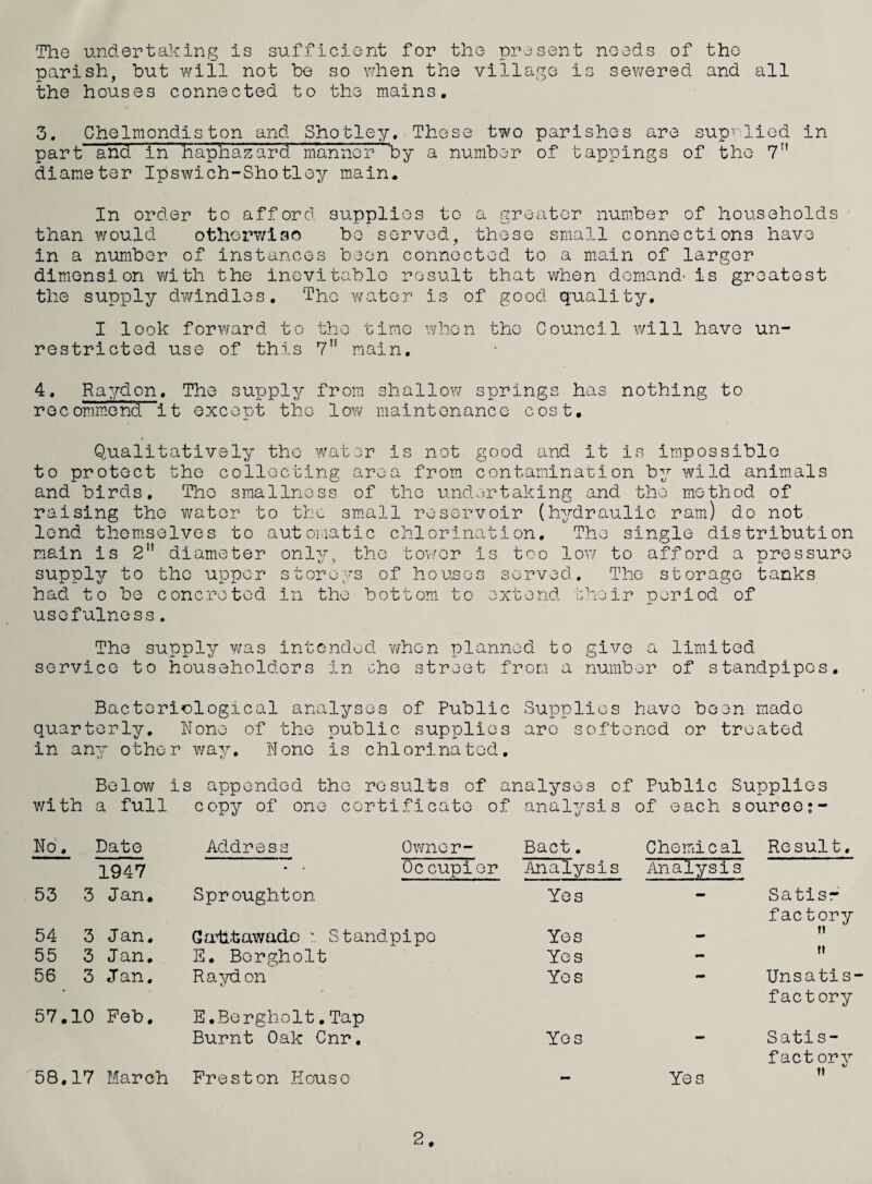 The undertaking is sufficient for the present needs of the parish, but will not be so v/hen the village is sewered and all the houses connected to the mains. 3. Chelmondis ton and Shotley, Those tm^o parishes are sup^ liGd in part and. in haphazard manner by a number of tappings of the 7” diameter Ipswich-Shotley main. In order to afford supplies to a greater number of households than would otherwiso be served, those small connections have in a number of instances been connected to a main of larger dimension with the inevitable result that when demand' is greatest the supply dwindles. The water is of good quality. I look forward to the time when the Council will have un¬ restricted use of this 7” main. 4. Raydon. The supply from shallow springs has nothing to rGcomm-C3nd it except the low maintenance cost. Qualitatively the water is not good and it is impossible to protect the collecting area from contamination by wild anim.als and birds. The smallness of the undertaking and the method of raising the water to the sm.all reservoir (hydraulic ram) do not lend themselves to autoiiatic chlorination. The single distribution main is 2” diameter only., the tov/er is too low to afford a pressure supply to the upper storeys of houeos served. The storage tanks had to be concreted in the bottom to extend their period of usefulness. The supply was intended v/hen planned to give a limited service to householders in 'Che street from a number of standpipes. Bacteriological analyses of Public Supplies have been made quarterly. None of the public supplies are softened or treated in any other way. None is chlorinated. Below is appended the results of analyses of Public Supplies with a full copy of one certificate of analysis of each soureo;- No. Date Address Owner- Bact. Chemical Result, 1947 • ' Oc cupier Analysis Analysis 53 3 Jan, Sproughton Yes •• Satisr factory 54 3 Jan, Ga^ttawadc : Standpipe Yes - t? 55 3 Jan, E. Bergholt Yes - n 56 3 Jan, Raydon Yes - Unsatis' factory 57. 10 Feb. E,Bergholt,Tap Burnt Oak Cnr. Yes - Satis- fact orv 58. 17 March Freston Pious c - Yes