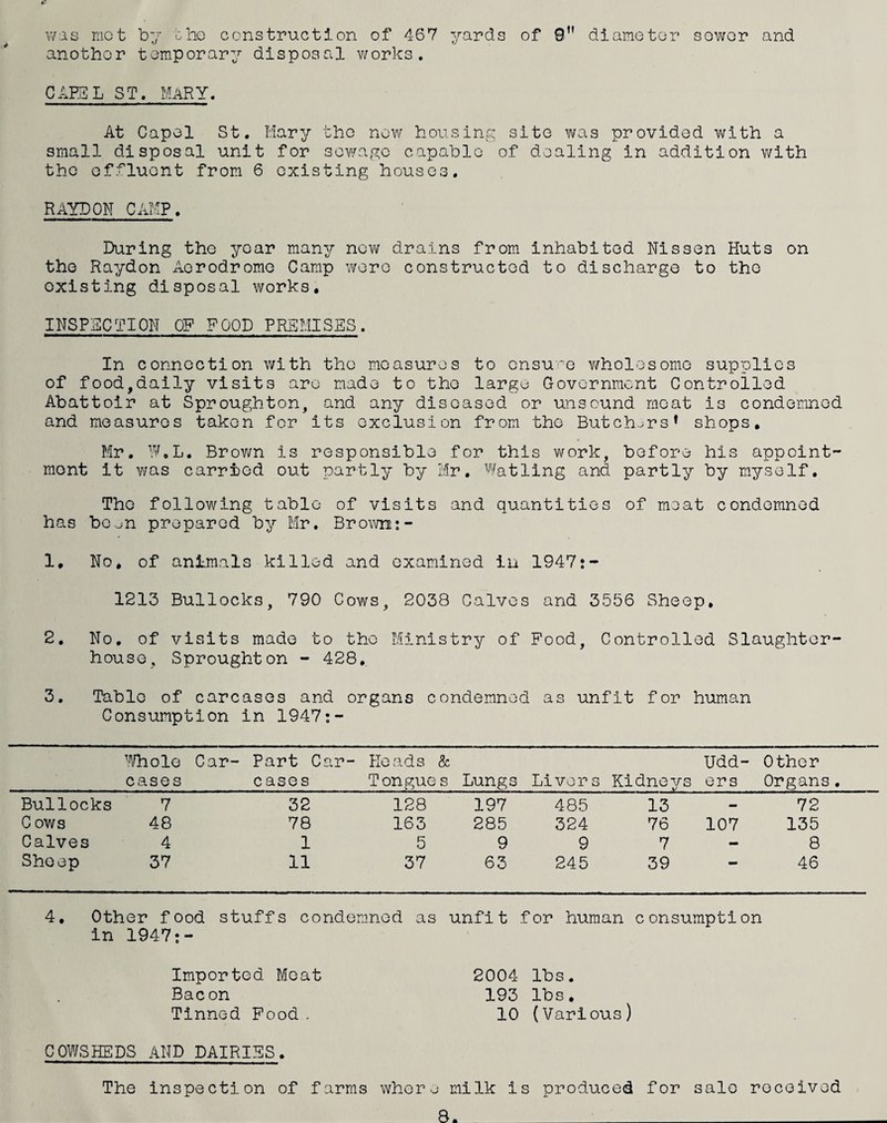 M:i3 mot by the construction of 467 yards of 9” diameter sower and another temporary disposal works, CAP3L ST, MARY. At Capol St, Mary the new housing site was provided with a small disposal unit for sewage capable of dealing in addition with the effluent from 6 existing houses, RAYDON CAMP. During the year many new drains from inhabited Nissen Huts on the Raydon Aerodrome Camp were constructed to discharge to the existing disposal works. INSPECTION OF FOOD PREMISES. In connection with the measures to onsu'o v/holesome supplies of food,daily visits are made to the large Government Controlled Abattoir at Sproughton, and any diseased or unsound meat is condemned and measures taken for its exclusion from the Butchjrs* shops, Mr, F,L. Brown is responsible for this work, before his appoint¬ ment it was carried out partly by Mr, Watling and partly by myself. The following table of visits and quantities of meat condemned has bo-jn prepared by Mr, Brown:- 1. No, of animals killed and examined in 1947:- 1213 Bullocks, 790 Cows, 2038 Calves and 3556 Sheep, 2. No. of visits made to the Ministry of Pood, Controlled Slaughter¬ house, Sproughton - 428,. 3. Table of carcases and organs condemned as unfit for human Consumption in 1947;- Mil ole Car¬ cases Part Car¬ cases Heads 5c Tongues Lungs Livers Kidne^rs Udd¬ ers Other Organs. Bullocks 7 32 128 197 485 13 — 72 C ows 48 78 163 285 324 76 107 135 Calves 4 1 5 9 9 7 - 8 Sheep 37 11 37 63 245 39 46 4, Other food stuffs condemned as unfit for human consumption in 1947;- Imported Moat Bacon Tinned Pood. COWSHEDS AND DAIRIES. 2004 lbs. 193 lbs, 10 (Various) The inspection of farms where milk is produced for sale received 8.__
