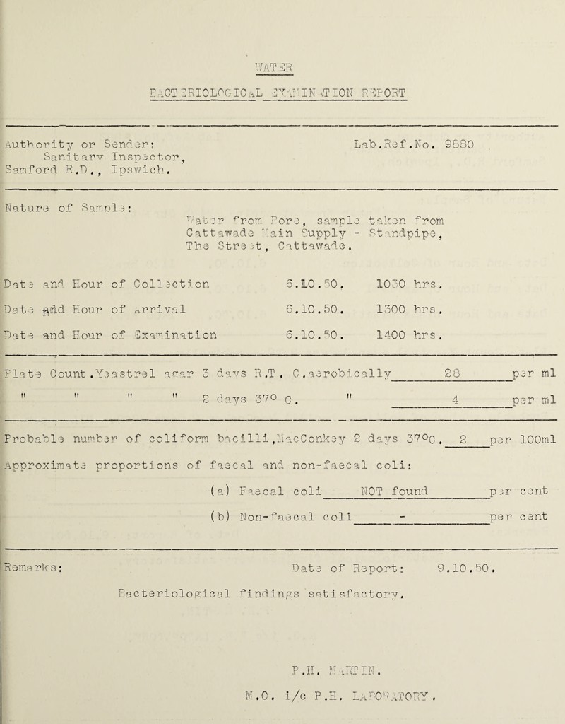 Y aTHR EaCTIRIOLOGICaL lYTSIN YTION REPORT Authority or Sender: Lab.Ref.No. 9830 Sanitarv Inspector, Sanford R.D., Ipswich. Nature of Sample: •later frora Pore, sample taken Cattawade Pain Supply - Standpipe, The Street, Cattawade. Date and Hour of Collection 6.10.SO. 1030 hrs. Date $nd Hour of arrival 6.10.50. 1300 hrs. Date and Hour of examination 6.10.50. 1400 hrs. Plate Count.Yeastrel acar 3 days R ,T , C.aerobically     0 days 370 c.  n 8 <0 4 per ml per ml Probable number of coliform bacilli ,IiacConkey 2 days 37°c. 2 per 100ml Approximate proportions of faecal and non-faecal coli: (a) Faecal coli NOT found (b) Non-faecal coli per cent per cent Remarks: Date of Report: Bacteriological findings satisfactory. 9.10,50. P.PI. HaRTIN.