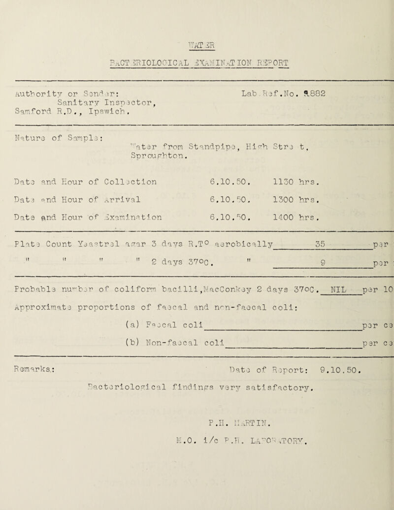 wat ..SR BACTERIOLOGICAL EXAMINATION REPORT Authority or Sender: Lab R3f.N0. A 882 Sanitary Inspector, Samford R.D., Ipswich. Nature of Sample: Cater from Standpipe, Hindi Stre t, Spr ouphton. Date and Hour of Collection 6.10.50. 1130 hrs. Date and Hour of Arrival 6.10.50. 1300 hrs. Date and Hour of Examination 6.10.60. 1400 hrs. Plate Count Yeastrel agar 3 days R.T° aerobically M   ” 2 days 370C .  55__per : 9_ per : Probable number of coliform bacilli,MacConkey 2 days 37oC. NIL per 10 Approximate proportions of faecal and n^n-faecal coli: (a) Faecal coli_per ce (b) Non-faecal coli_per ce: Remarks.: Date of Report: 9.10,50. Bacteriological findings very satisfactory. M.0. p.h. iiartin. i/c P.H. LA POP HORY,