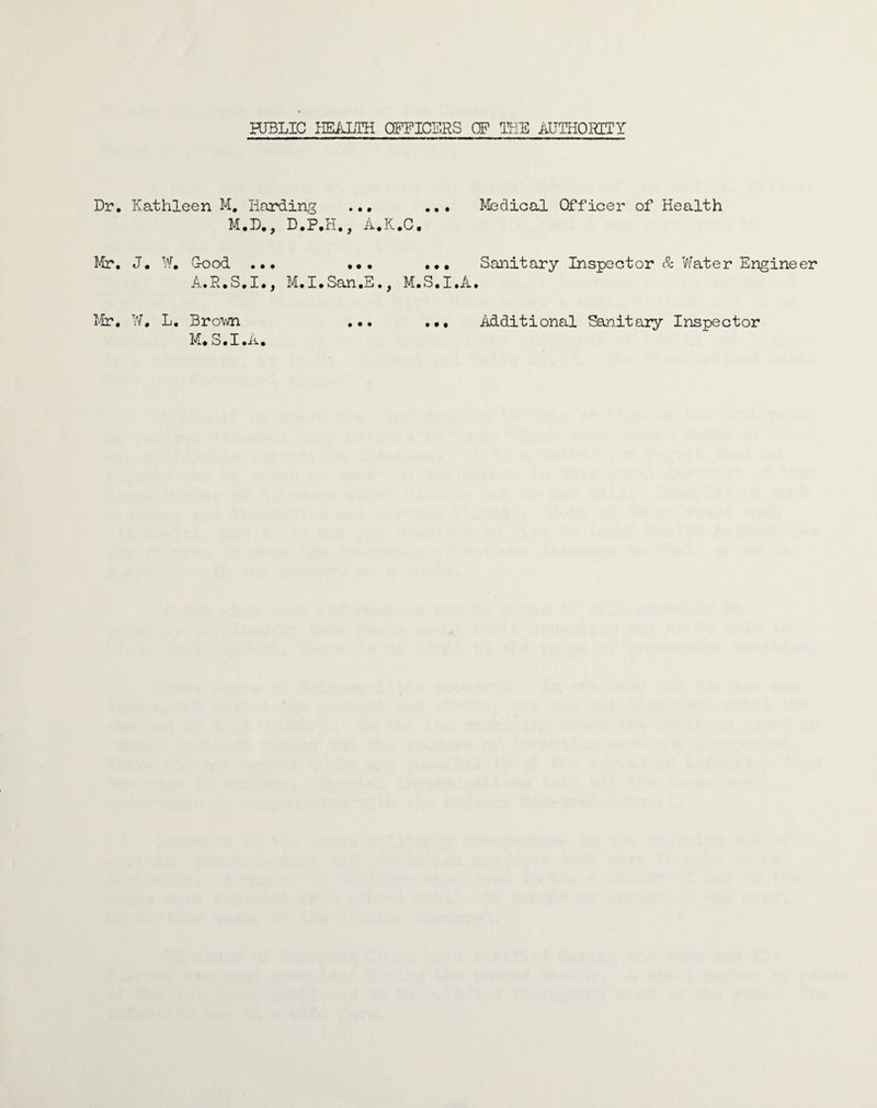 Dr, Kathleen M, Harding ... Medical Officer of Health M.D., D.P.H., A.K.C. Mr, J. W, G-ood ... ... Sanitary Inspector & Water Engineer A.R.S.I., M.I.San.E., M.S.I.A, Itr, W, L. Brown ... ... Additional Sar.itEiiy Inspector M.S.I.A.