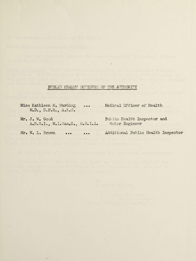 Miss Kathleen M, Harding M.D., D.P.H., A.K.C. Mr. J. W. Good A.R.S.I., M.I.San.E.s Mr. W, L. Brown ... M, S. I. A. • • • Medical Officer of Health Public Health Inspector and Water Engineer Additional Public Health Inspector