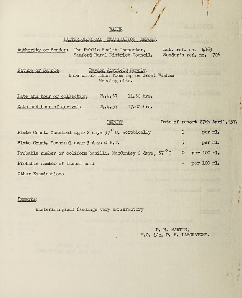 BACTERIOLOGICAL EXAIvUNiTION IMPOST. Sender: The Public Health Inspector, Samford Rural District Council. Lab. ref. no. 4863 Sender’s ref. no. 706 Raydon Airfield Supply. Bore -water taken from tap on G-roat Wenham Housing site. Date and hour of collection: 24*4*57 11.30 hrs. Date and hour of arrival: 24.4*57 17*00 hrs. REPORT Date of Plate Count. Yeast re 1 agar 2 days 37° 0. aerobically Plate Count, Yeastrel agar 3 days @ R. T. o Probable number of coliform bacilli. MacConkey 2 days, 37 0 Probable number of faecal coli Other Examinations report 27th April, *57* 1 per ml* • * 3 per ml, 0 per 100 ml. - per 100 ml. Remarks: Bacteriological findings very sat iafactory P. H. MARTIN, M.O. i/c. P. H. LABORATORY.