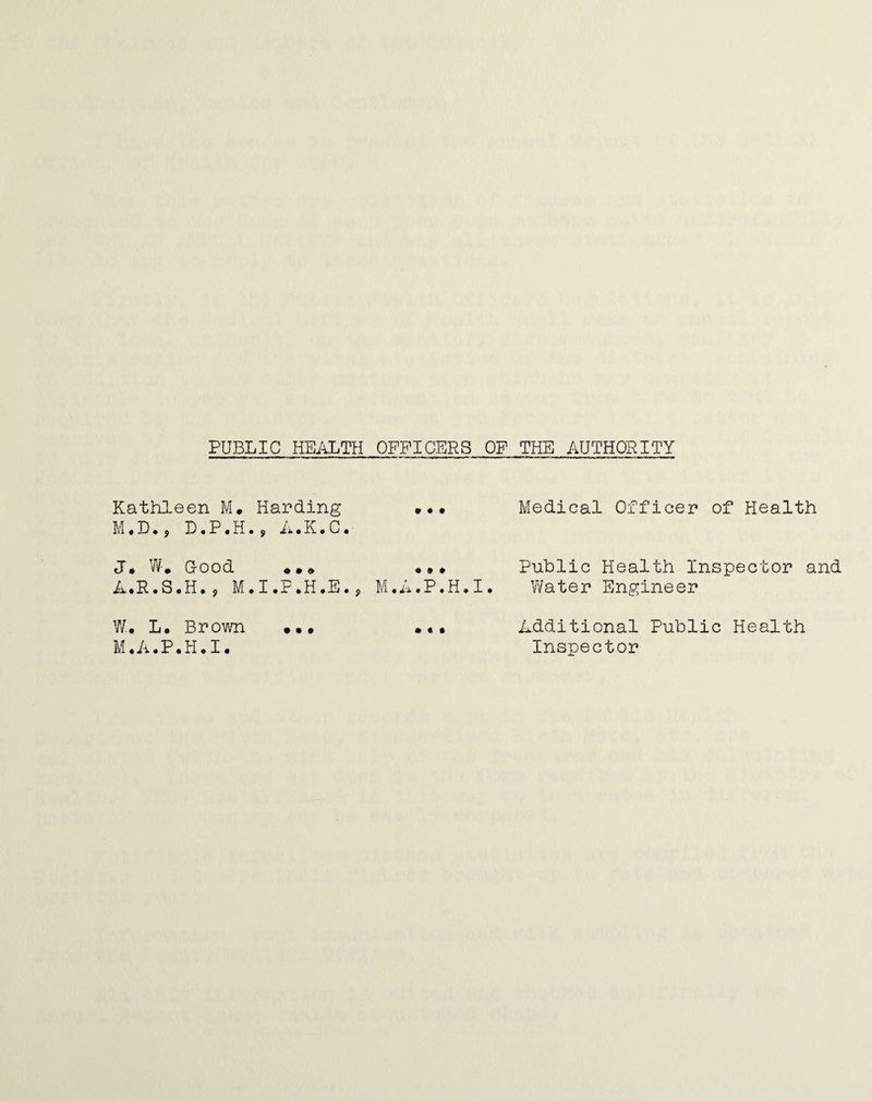 PUBLIC HEALTH OFFICERS OF THE AUTHORITY Kathleen M. M, D.9 D.P.H J. W„ Cood A.R.S.H., M Harding • y n • iv • C . .1 • F .H ,E • ? • • • M.A.P.H.I. Medical Officer of Health Public Health Inspector and Water Engineer W. L. Brown M.A.P.H.I, • *» Additional Public Health Inspector