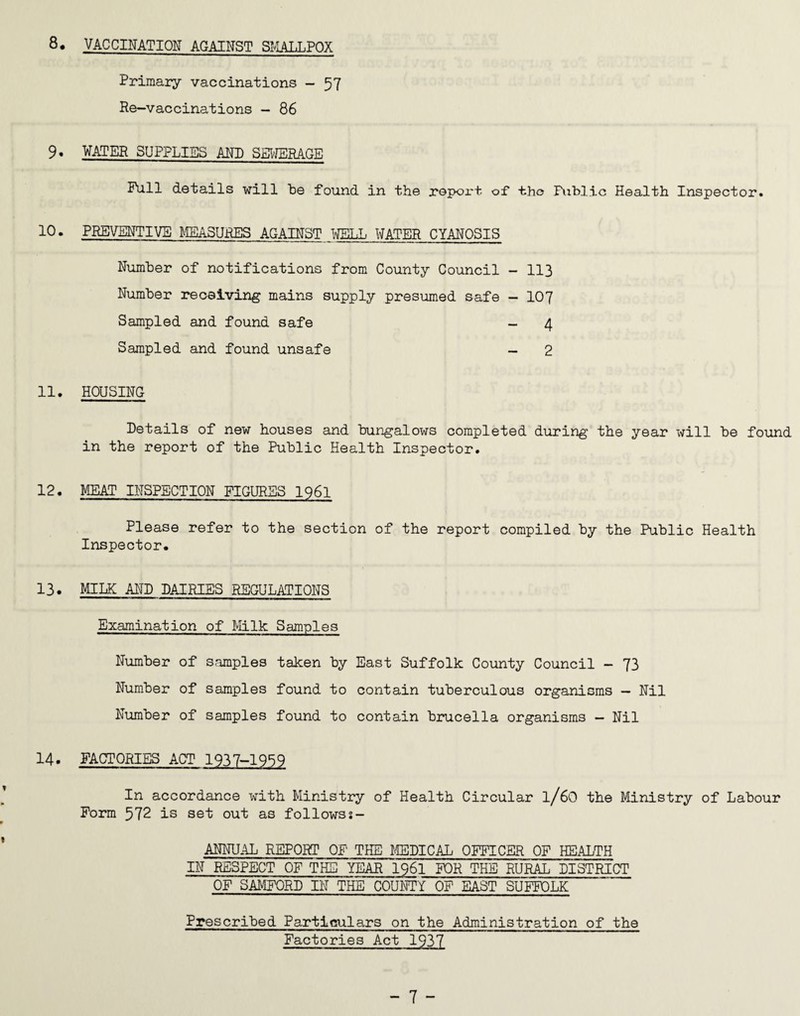 8. VACCINATION AGAINST SMALLPOX Primary vaccinations - 57 Re—vaccinations - 86 9« WATER SUPPLIES AND SEWERAGE Pull details will be found in the report of -the Public Health Inspector. 10. PREVENTIVE MEASURES AGAINST WELL WATER CYANOSIS Number of notifications from County Council - 113 Number receiving mains supply presumed safe - 107 Sampled and found safe - 4 Sampled and found unsafe - 2 11. HOUSING Details of new houses and bungalows completed during the year will be found in the report of the Public Health Inspector. 12. MEAT INSPECTION FIGURES 1961 Please refer to the section of the report compiled by the Public Health Inspector. 3-3. MILK AND DAIRIES REGULATIONS Examination of Milk Samples Number of samples taken by East Suffolk County Council - 73 Number of samples found to contain tuberculous organisms — Nil Number of samples found to contain brucella organisms - Nil 3L4- FACTORIES ACT 19.37-1959 In accordance with Ministry of Health Circular l/60 the Ministry of Labour Form 572 is set out as followss- ANNUAL REPORT OP THE MEDICAL OFFICER OF HEALTH IN RESPECT OF THE YEAR 1961 FOR THE RURAL DISTRICT OF SAMFQRD IN THE COUNTY OF EAST SUFFOLK Prescribed Particulars on the Administration of the Factories Act 1937