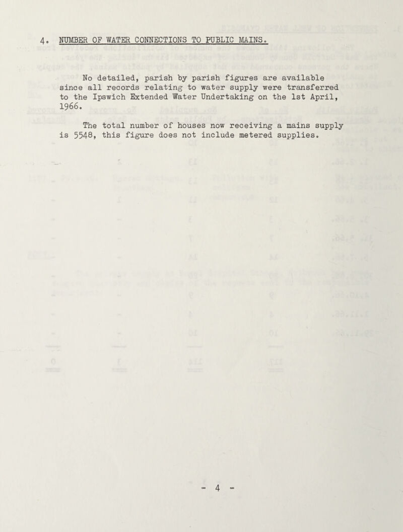 4® NUMBER OF WATER COMECTIONS TO PUBLIC MAINS« No detailed, parish by parish figures are available since all records relating to water supply were transferred to the Ipswich Extended Water Undertaking on the 1st April, 1966. The total number of houses now receiving a mains supply is 5548» this figure does not include metered supplies*