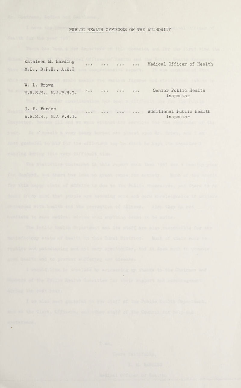 Kathleen M, Harding MoDe, D.P.Ho, AoK.C Medical Officer of Health Wo Lo Brown M.R.SoHo, MoA.PoHoIo Senior Public Health Inspector Jo Eo Pardoe AeRoS.Ho, M.A P.HoIo o o o o o o o o o o o o Additional Public Health Inspector