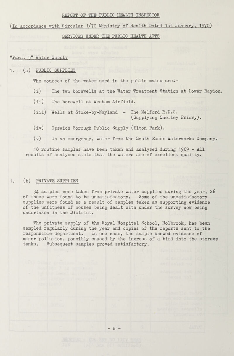 REPORT OF THE PUBLIC HEALTH INSPECTOR (in accordance with Circular ^/^0 Ministry of Health Dated 1st January. 1970) SERVICES UNDER THE PUBLIC HEALTH ACTS Para. 5 Water Supply 1. (a) PUBLIC SUPPLIES The sources of the water used in the public mains are:- (i) The two borewells at the Water Treatment Station at Lower Raydon, (ii) The borewell at Wenham Airfield. (iii) Wells at Stoke-by-Nayland - The Melford R.D.C. (Supplying Shelley Priory). (iv) Ipswich Borough Public Supply (Elton Park). (v) In an emergency, water from the South Essex Waterworks Company. 18 routine samples have been taken and analysed during 19^9 “ All results of analyses state that the waters are of excellent quality. 1. (b) PRIVATE SUPPLIES 34 samples were taken from private water supplies during the year, 26 of these were found to be unsatisfactory. Some of the unsatisfactory supplies were found as a result of samples taken as supporting evidence of the unfitness of houses being dealt with under the survey now being undertaken in the District. The private supply of the Royal Hospital School, Holbrook, has been sampled regularly during the year and copies of the reports sent to the responsible department. In one case, the sample showed evidence of minor pollution, possibly caused by the ingress of a bird into the storage tanks. Subsequent samples proved satisfactory.