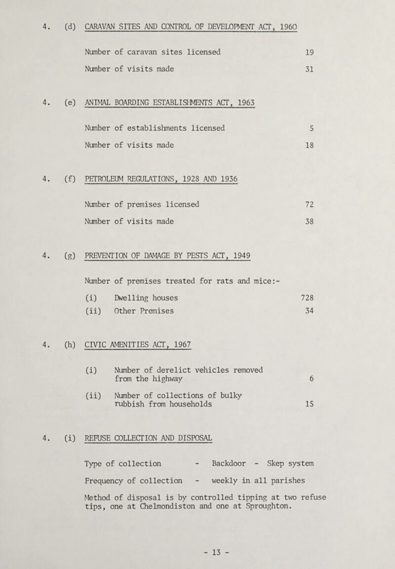 Number of caravan sites licensed 19 Number of visits made 31 4. (e) ANIMAL BOARDING ESTABLISHMENTS ACT, 1965 Number of establishments licensed 5 Number of visits made 18 4. (f) PETROLEUM REGULATIONS, 1928 AND 1956 Number of premises licensed 72 Number of visits made 38 4. (g) PREVENTION OF DAMAGE BY PESTS ACT, 1949 Number of premises treated for rats and mice:- (i) Dwelling houses 728 (ii) Other Premises 34 4. (h) CIVIC AMENITIES ACT, 1967 (i) Number of derelict vehicles removed from the highway 6 (ii) Number of collections of bulky rubbish from households 15 4. (i) REFUSE COLLECTION AND DISPOSAL Type of collection - Backdoor - Skep system Frequency of collection - weekly in all parishes Method of disposal is by controlled tipping at two refuse tips, one at Chelmondiston and one at Sproughton. - 13 -