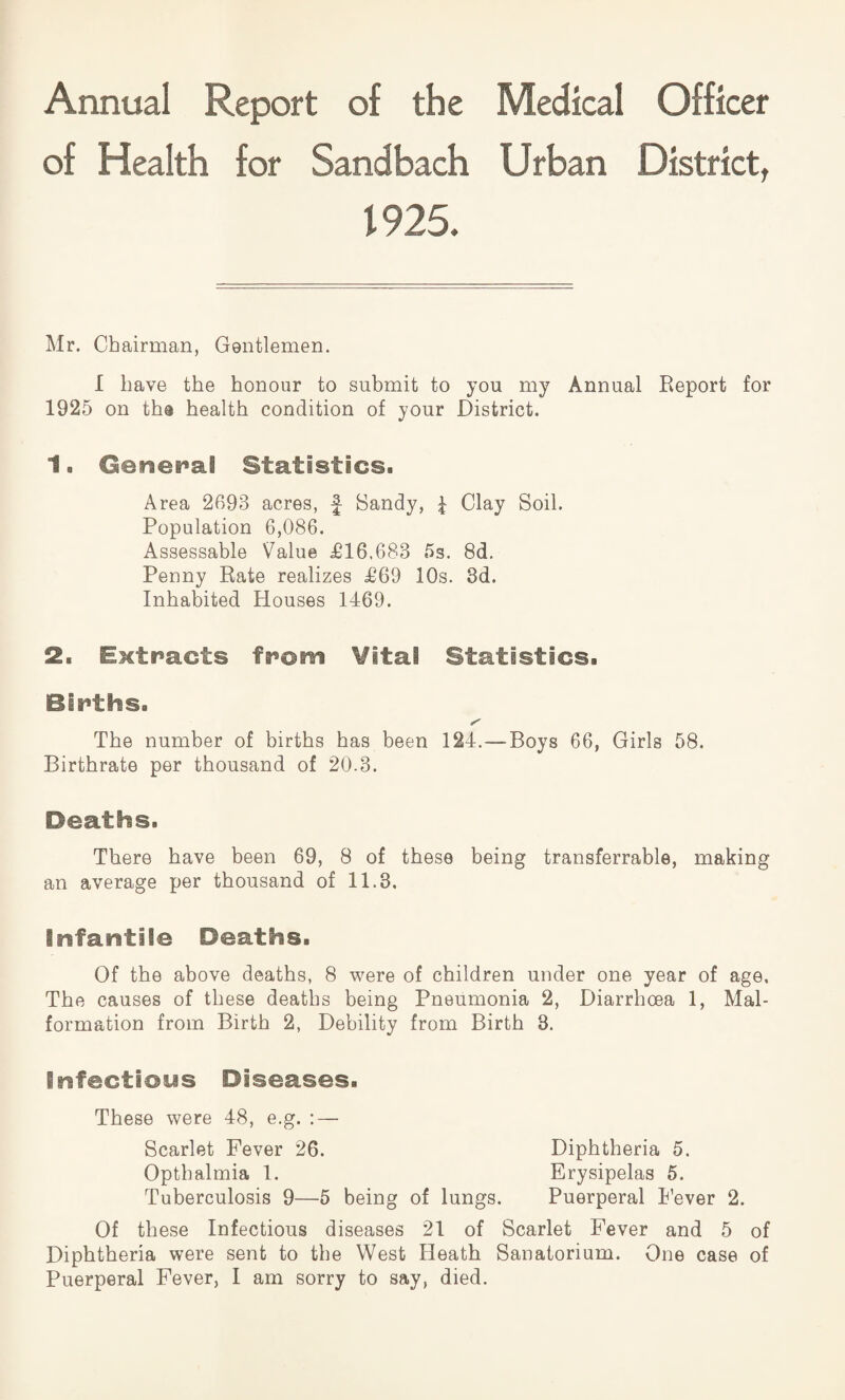 Annual Report of the Medical Officer of Health for Sandbach Urban District, 1925. Mr. Chairman, Gentlemen. I have the honour to submit to you my Annual Report for 1925 on the health condition of your District. 1. General Statistics. Area 2693 acres, f Sandy, 1 Clay Soil. Population 6,086. Assessable Value £16,683 5s. 8d. Penny Rate realizes £69 10s. 3d. Inhabited Houses 1469. 2. Extracts from Vital Statistics. Births. S' The number of births has been 124.—Boys 66, Girls 58. Birthrate per thousand of 20.3. Deaths. There have been 69, 8 of these being transferrable, making an average per thousand of 11.3, Infantile Deaths. Of the above deaths, 8 were of children under one year of age. The causes of these deaths being Pneumonia 2, Diarrhoea 1, Mal¬ formation from Birth 2, Debility from Birth 3. Infectious Diseases. These were 48, e.g. : — Scarlet Fever 26. Diphtheria 5. Opthalmia 1. Erysipelas 5. Tuberculosis 9—5 being of lungs. Puerperal Fever 2. Of these Infectious diseases 21 of Scarlet Fever and 5 of Diphtheria were sent to the West Heath Sanatorium. One case of Puerperal Fever, I am sorry to say, died.