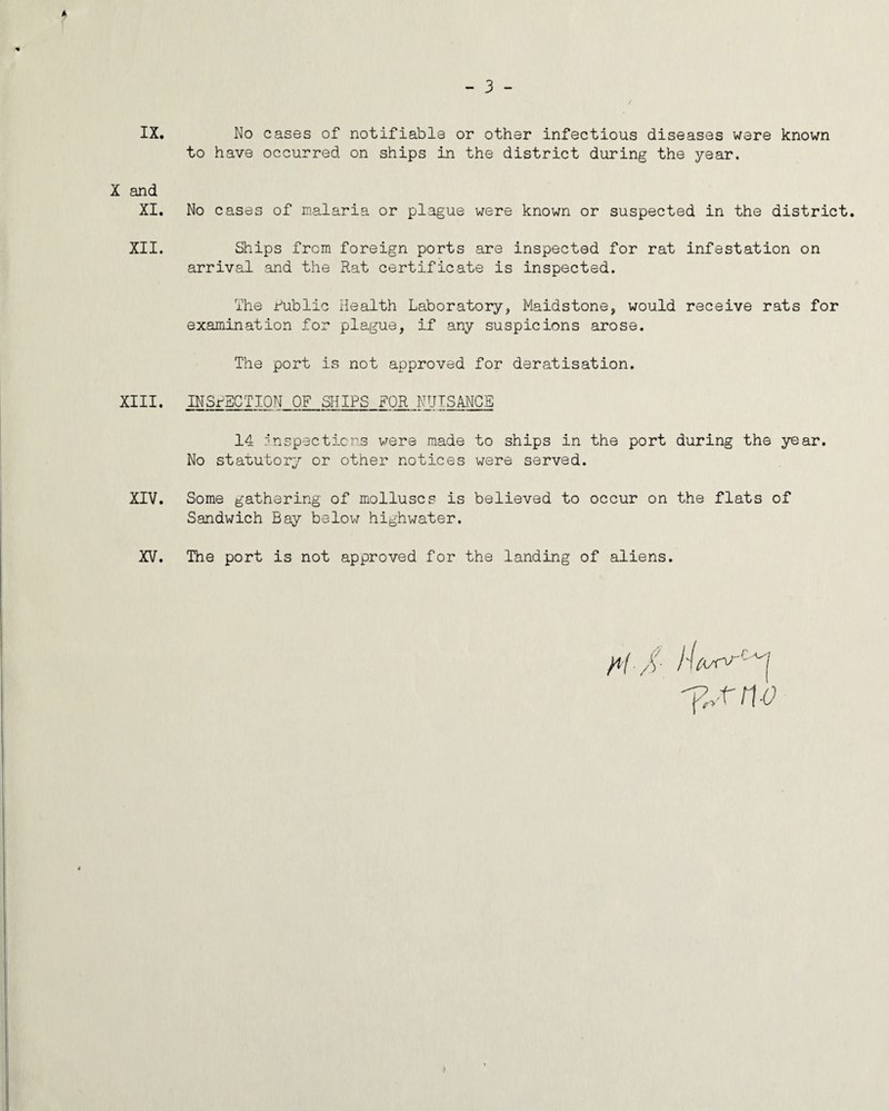 A IX. X and XI. XII. XIII. XIV. XV. No cases of notifiable or other infectious diseases were known to have occurred on ships in the district during the year. No cases of malaria or plague were known or suspected in the district. Ships from foreign ports are inspected for rat infestation on arrival and the Rat certificate is inspected. The Rublic Health Laboratory, Maidstone, would receive rats for examination for plague, if any suspicions arose. The port is not approved for deratisation. INSrSGTION OF SHIPS FOR NUISANCE 14 inspections vrere made to ships in the port during the year. No statutory or other notices were served. Some gathering of molluscs is believed to occur on the flats of Sandwich Bay below highwater. The port is not approved for the landing of aliens. IX. X and XI. XII. XIII. XIV. XV. 'f.ytnv