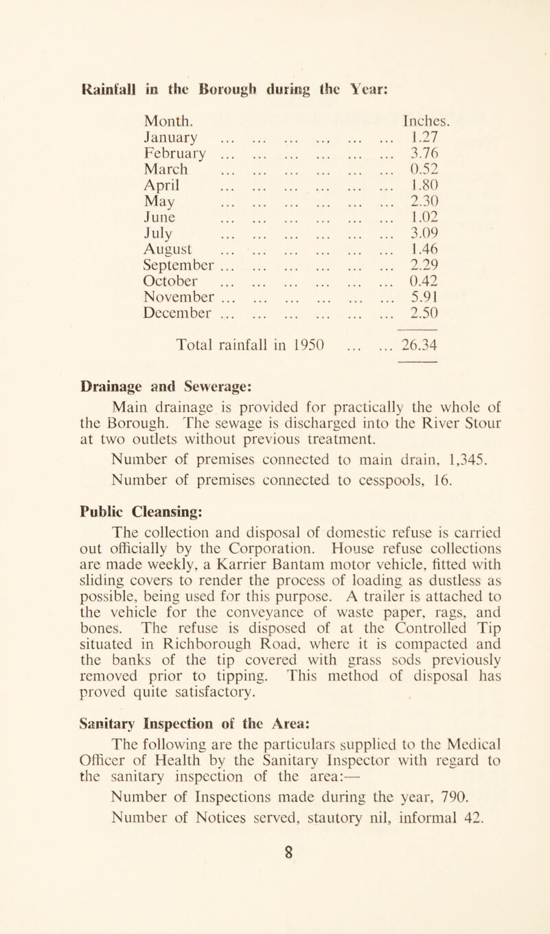 Rainfall in the Borough during (he Year: Month. Inches. January . . 1.27 February . . 3.76 March . . 0.52 April . . 1.80 May . . 2.30 June . . 1.02 July . . 3.09 August . . 1.46 September. . 2.29 October . . 0.42 November. . 5.91 December. . 2.50 Total rainfall in 1950 26.34 Drainage and Sewerage: Main drainage is provided for practically the whole of the Borough. The sewage is discharged into the River Stour at two outlets without previous treatment. Number of premises connected to main drain, 1,345. Number of premises connected to cesspools, 16. Public Cleansing: The collection and disposal of domestic refuse is carried out officially by the Corporation. House refuse collections are made weekly, a Karrier Bantam motor vehicle, fitted with sliding covers to render the process of loading as dustless as possible, being used for this purpose. A trailer is attached to the vehicle for the conveyance of waste paper, rags, and bones. The refuse is disposed of at the Controlled Tip situated in Richborough Road, where it is compacted and the banks of the tip covered with grass sods previously removed prior to tipping. This method of disposal has proved quite satisfactory. Sanitary Inspection of the Area: The following are the particulars supplied to the Medical Officer of Health by the Sanitary inspector with regard to the sanitary inspection of the area:— Number of Inspections made during the year, 790. Number of Notices served, stautory nil, informal 42.