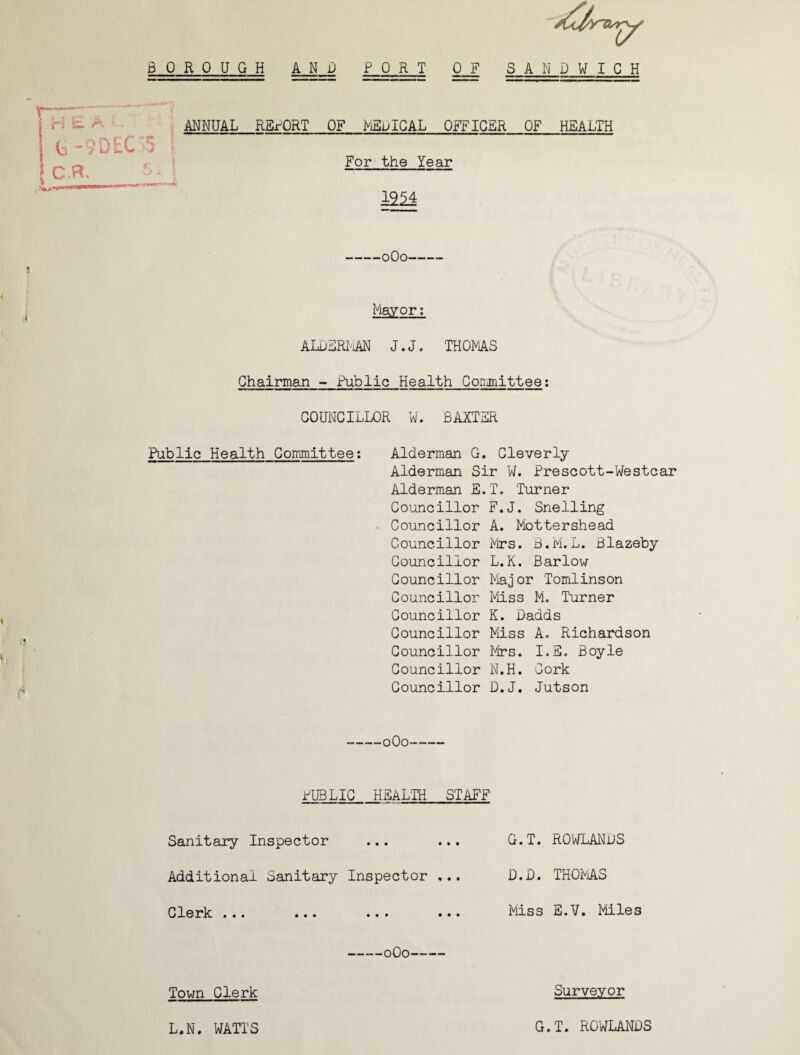 BOROUGH AND PORT OF SANDWICH r: \ t- v'DtC .S CR. ■J - ANNUAL RSPQRT OF NiEuIGAL OFFICER OF HEALTH For the Year -oOo- Mayor; ALuDRl-iAN J.J. THOMS Chairman - Public Health Coirjnittee: COUNCILLOR W. BAXTER Public Health Committee: Alderman G. Cleverly Alderman Sir VL Prescott-Westcar Alderman E.T. Turner Councillor F.J. Snelling Councillor A. Mottershead Councillor Pjrs. B.Pl.L. Blazeby Councillor L.K. Barlow Councillor Major Tomlinson Councillor Mss M, Turner Councillor K. Dadds Councillor Miss A, Richardson Councillor Mrs. I.S. Boyle Councillor N.H. Cork Councillor D.J. Jutson rUBLIC HEALIH STAFF Sanitary Inspector ... ... Additional Sanitary Inspector ... Clerk ... ... ... ... Town Clerk ——oOo- G.T. ROWLAIMS D.D. THOMS Miss E.V. Males Surveyor L.N. WATT'S G.T. ROWUNDS