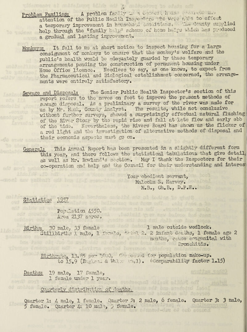 Problem Faiid.lies: A problem family 'I- a ■. li .•afv javu-av oi.e “attention of the Public Hea3-tli -ab.c voie ar e to effect a temporary improvement in househo'.d ecnbj.t lonei Oci.int}^ supplied help through the •‘family help echemo of heme hulpu /i/hicn aas pi'-xluced a gradual and lasting improv-ements Monkeys; It fell to me at short notice to inspect housing for a large consignment of monkeys to ensure that the monkey•s welfare and the public•s health would be adequately guaided by these temporary arrangements pending the construction of permanent housing under Home Office licence. Needless to say, as one knows, to expect from the Pharmaceutical and Biological establishment concerned, the arrange raents were entirely satisfactory. Sewace and Disposal; The Senior Public Health Inspector's section of this report^refers to the moves on foot to improve the prc;scnt methods of sewage disposal. As a preliminary a sur/ey of the river was made for us by Mr. Monl^, Gcinity iuialyst. The results, while not conclusive ^ j without further surveys, showed a surprisingly effectual natural flushing of the River Stour by the rapid rise and fall at late f]-OW and early ebb - of the tidoe Nevertheless,’the Rivers Board has shown us the fliclcor of | a red light and the imvestigation of alternative methods of disposal and their economic aspects mst go on. General; This Annual Report has been presented jn a slightly different form^ this year, and there follows the statistical taoulationss that give detail- as well as ^Ir. Rowland's section. May I thank the Inspectors for^their co-operation and help and the Council for their understanding and interes Your 'obedient servant, Malcolm S, Harvey, M.Be, Oh.B., D.P.H.. Statistics Population 4550o Area 2137 acreso Births; 30 male, 33 female Stillbirths 1 male, 1 female, 1 male outside vjedlock, 2 infant deauhs, 1 female age 2 miuiths, cense congenital v;ith Bronchitis• Birth] at j to 15 1^ pe .■o9 louo, ^',r:.-eo;ed for popala.tion make-up. b’iomparability factor 1.15) Deaths; 19 mal.e, 17 female, 1 female under 1 year, Qruart-erly distribiticn of deaths r Quarter 1; L male, 1 female. Quarter 2; 2 male, 6 female. Quarter y, 3 male,