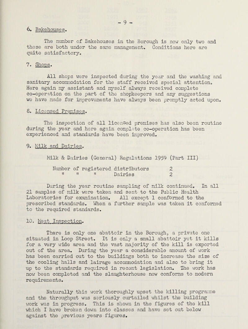 - 9 - The number of Bakehouses in the Borough is now only two and these are both under the same management. Conditions here are quite satisfactory. 7. Shops. All shops were inspected during the year and the washing and sanitary accomr.iodation for the staff received special attention. Here again my assistant and mj’-self always received complete co-operation on the part of the shopkeepers and any suggestions we have mads for improvements have always been promptly acted upon. 8, Licensed Premises. The inspection of all licensed premises has also been routine during the year and here again complete co-operation has been experienced and standards have been improved. 9. Milk and Dairies. Milk & Dairies (General) Regulations 1959 (Part III) Number of registered distributors 2 ” ”  Dairies 2 Diaring the year routine sampling of milk continued. In all 21 samples of milk were taken and sent to the Public Health Laboratories for examination. All except 1 conformed to the prescribed standards. When a f’orther sample was taken it conformed to the required standards. 10, Meat Inspection. There is only one abattoir in the Borough, a private one situated in Loop Street. It is only a small abattoir yet it kills for a very wide area and the vast majority of the kill is exported out of the area. During the year a considerable amount of v/ork has been carried out to the buildings both to increase the size of the cooling halls and lairage accommodation and also to bring it up to the standards required in recent legislation. The work has now been completed and the slaughterhouse now conforms to modern requirements. Naturally this work thoroughly upset the killing prograi:ime and the throughput was seriously curtailed whilst the building v7ork was in progress. This is shown in the figures of the kill which I have broken down into classes and have set out below against the previous years figures.