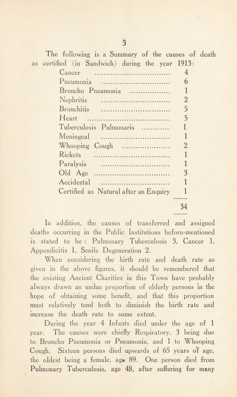 The following is a Summary of the causes of death as certified (in Sandwich) during the year 1913: Cancer . 4 Pneumonia . 6 Broncho Pneumonia . 1 Nephritis . 2 Bronchitis . 5 Heart . 5 Tuberculosis Pulmonaris . 1 Meningeal . 1 Whooping Cough . 2 Rickets . 1 Paralysis . 1 Old Age . 3 Accidental . 1 Certified as Natural after an Enquiry 1 34 In addition, the causes of transferred and assigned deaths occurring in the Public Institutions before-mentioned is stated to be : Pulmonary Tuberculosis 3, Cancer 1, Appendicitis 1, Senile Degeneration 2. When considering the birth rate and death rate as given in the above figures, it should be remembered that the existing Ancient Charities in this Town have probably always drawn an undue proportion of elderly persons in the hope of obtaining some benefit, and that this proportion must relatively tend both to diminish the birth rate and increase the death rate to some extent. During the year 4 Infants died under the age of 1 year. The causes were chiefly Respiratory, 3 being due to Broncho Pneumonia or Pneumonia, and 1 to Whooping Cough. Sixteen persons died upwards of 65 years o'f age, the oldest being a female, age 89. One person died from Pulmonary Tuberculosis, age 48, after suffering for many