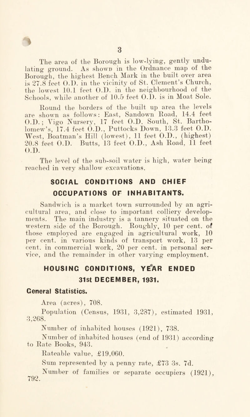 The area of the Borough is low-lying, gently undu¬ lating ground. As shown in the Ordnance map of the Borough, the highest Bench Mark in the bui]t over area is 27.8 feet 0.1). in the vicinity of St. Clement’s Church, the lowest 10.1 feet 0.0. in the neighbourhood of the Schools, while another of 10.5 feet 0.0. is in Moat Sole. Bound the borders of the built up area the levels are shown as follows: East, Sandown Boad, 14.4 feet 0.0. ; Yigo Nursery, 17 feet 0.0. South, St. Bartho¬ lomew’s, 17.4 feet 6.0., Buttocks Down, 13.3 feet 0.0. West, Boatman’s Hill (lowest), 11 feet 0.0., (highest) 20.8 feet 0.0. Butts, 13 feet 0.0., Ash Boad, 11 feet 0.0. The level of the sub-soil water is high, water being reached in very shallow excavations. SOCIAL CONDITIONS AND CHIEF OCCUPATIONS OF INHABITANTS. Sandwich is a market town surrounded by an agri¬ cultural area, and close to important colliery develop¬ ments. The main industry is a tannery situated on the western side of the Borough. Boughly, 10 per cent, of those employed are engaged in agricultural work, 10 per cent, in various kinds of transport work, 13 per cent, in commercial work, 20 per cent, in personal ser¬ vice, and the remainder in other varying employment. HOUSINC CONDITIONS, YifAR ENDED 31st DECEMBER, 1931. General Statistics. Area (acres), 708. Population (Census, 1931, 3,287), estimated 1931, 3,268. Number of inhabited houses (1921), 738. Number of inhabited houses (end of 1931) according to Bate Books, 943. 7 Of Bateable value, £19,060. Sum represented by a penny rate, £73 3s. 7d. Number of' families or separate occupiers (1921), 792.