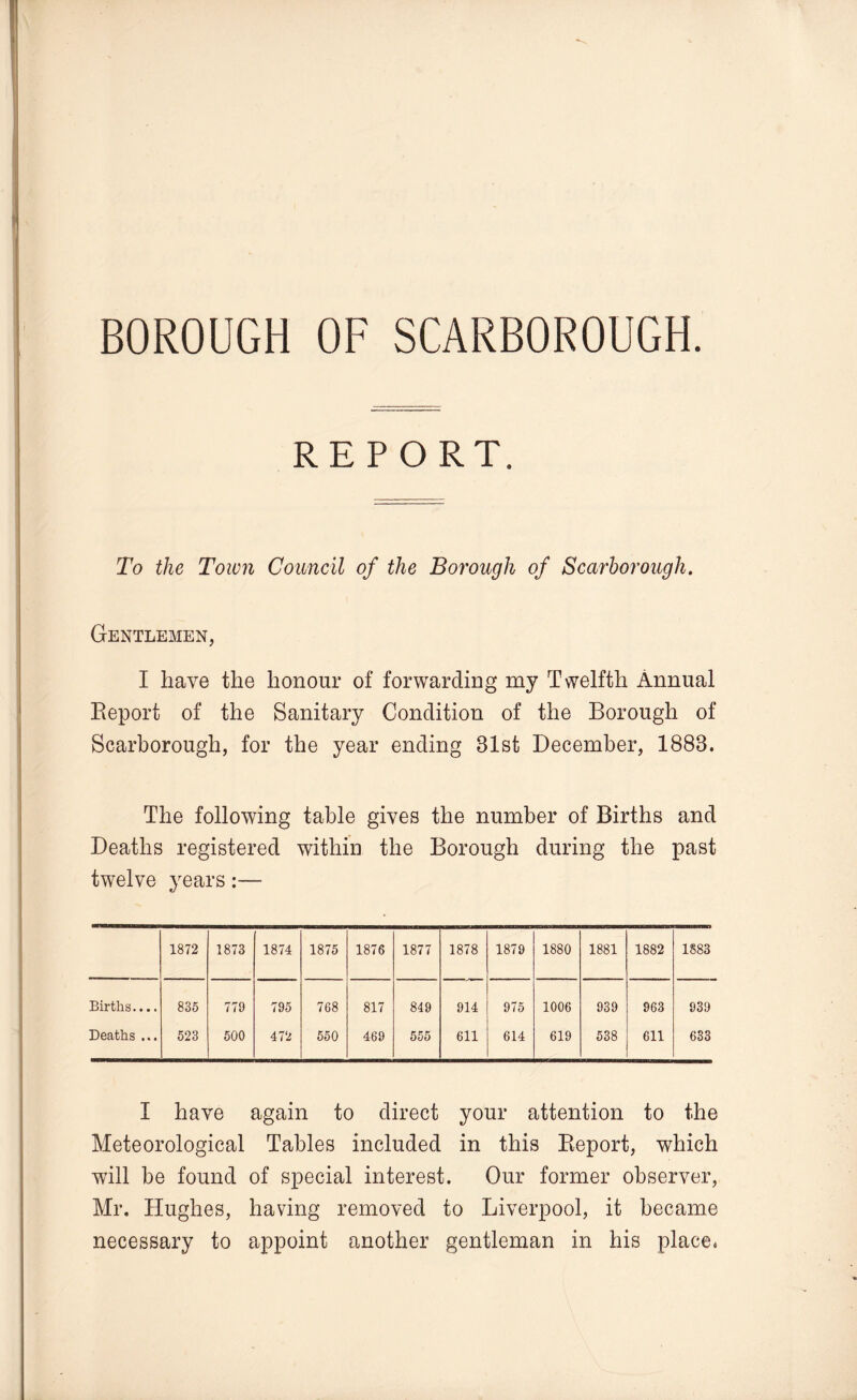 REPORT. To the Toivn Council of the Borough of Scarborough. Gentlemen, I have the honour of forwarding my Twelfth Annual Eeport of the Sanitary Condition of the Borough of Scarborough, for the year ending 31st December, 1883. The following table gives the number of Births and Deaths registered within the Borough during the past twelve years:— 1872 1873 1874 1875 1876 1877 1878 1879 1880 1881 1882 1883 Births.... 835 779 795 768 817 849 914 975 1006 939 963 939 Deaths ... 623 600 472 550 469 555 611 614 619 538 611 633 I have again to direct your attention to the Meteorological Tables included in this Eeport, which will be found of special interest. Our former observer, Mr. Hughes, having removed to Liverpool, it became necessary to appoint another gentleman in his place.