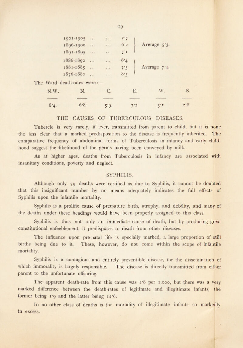 1901-1905 ... 27 1896-1900 ... ... 62 - Average 5-3. 1891-1895 ... 7'1 1886-1890 ... ... 6*4 1881-1885 ... ' • • 7‘5 - Average 7*4. 1876-1880 ... 8-5 J The Ward death-rates were N.W. N. C. E. W. 8'4. 6-8. 5*9- 7*2. 3‘2- THE CAUSES OF TUBERCULOUS DISEASES. Tubercle is very rarely, if ever, transmitted from parent to child, but it is none the less clear that a marked predisposition to the disease is frequently inherited. The comparative frequency of abdominal forms of Tuberculosis in infancy and early child¬ hood suggest the likelihood of the germs having been conveyed by milk. As at higher ages, deaths from Tuberculosis in infancy are associated with insanitary conditions, poverty and neglect. SYPHILIS. Although only 79 deaths were certified as due to Syphilis, it cannot be doubted that this insignificant number by no means adequately indicates the full effects of Syphilis upon the infantile mortality. Syphilis is a prolific cause of premature birth, atrophy, and debility, and many of the deaths under these headings would have been properly assigned to this class. Syphilis is thus not only an immediate cause of death, but by producing great constitutional enfeeblement, it predisposes to death from other diseases. The influence upon pre-natal life is specially marked, a large proportion of still births being due to it. These, however, do not come within the scope of infantile mortality. Syphilis is a contagious and entirely preventible disease, for the dissemination of which immorality is largely responsible. The disease is directly transmitted from either parent to the unfortunate offspring. The apparent death-rate from this cause was 2'8 per 1,000, but there was a very marked difference between the death-rates of legitimate and illegitimate infants, the former being 1*9 and the latter being 12-6. In no other class of deaths is the mortality of illegitimate infants so markedly in excess.