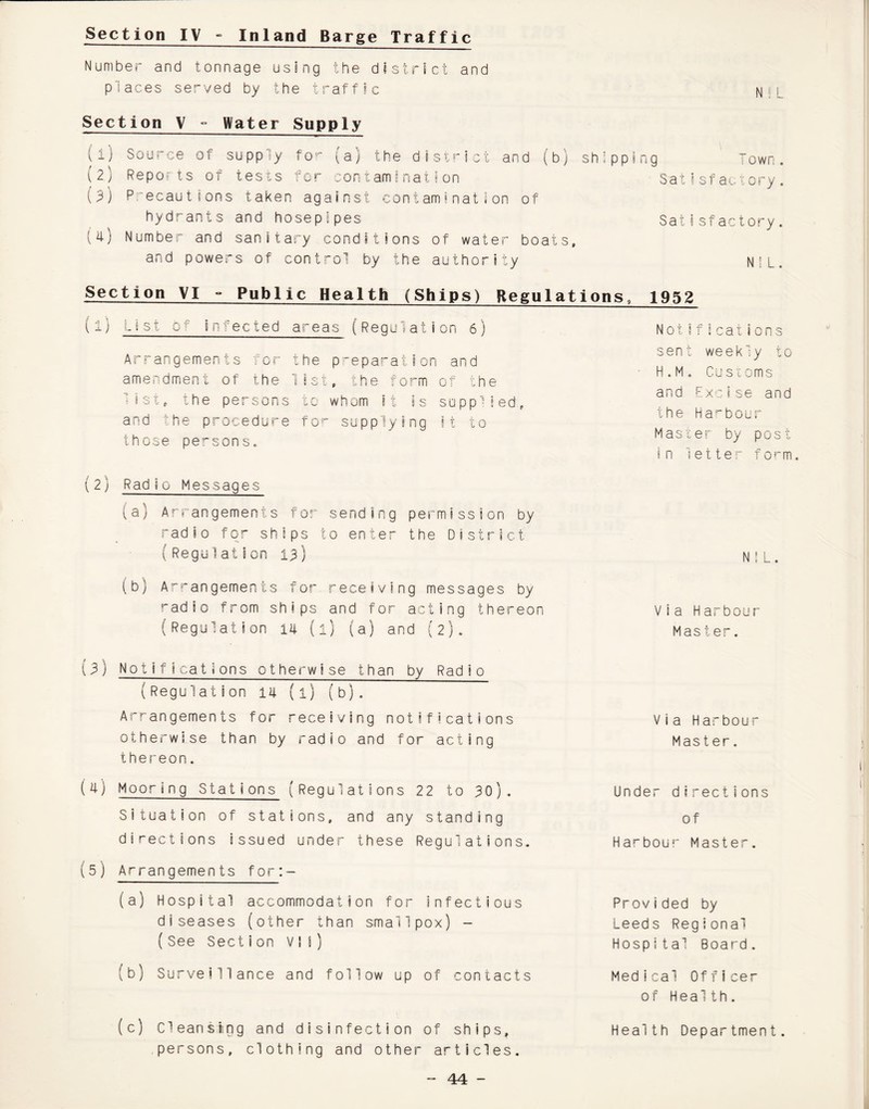 Section IV - Inland Barge Traffic Number and tonnage using the district and places served by the traffic Section V - Water Supply (1) Source of supply for (a) the district and (b) shipping Town. { 2.} Reports of tests for contamination Satisfactory. (3j Precautions taken against contamination of hydrants and hosepipes Satisfactory. (4) Number and sanitary conditions of water boats, and powers of control by the authority N!L. Section VI ° Public Health (Ships) Regulations, 1 i} L i s.t o ■' injected areas (Regulation 6 ) Arrangements tor the preparation and amendment of the list, the form of the ist„ the persons to whom it is supplied, and he procedure for supplying it to those persons. 1952 Not. if i cat ions sent weekly to H.M. Customs and Excise and the Harbour Master by post, in letter form. ( 2) Radio Messages (a) Arrangements for sending permission by radio for ships to enter the District. (Regulation 13) (b) Arrangements for receiving messages by radio from ships and for acting thereon (Regulation 14 (l) (a) and (2). NIL. Via Harbour Master. (3) Notifications otherwise than by Radio (Regulation 14 (l) (b). Arrangements for receiving notifications otherwise than by radio and for acting thereon. (4) Mooring Stations (Regulations 22 to 30). Situation of stations, and any standing directions issued under these Regulations. (5) Arrangements for:- (a) Hospital accommodation for infectious diseases (other than smallpox) - ( See Sect ion VI l) (b) Surveillance and follow up of contacts Via Harbour Master. Under directions of Harbour Master. Provided by Leeds Regional Hospital Board. Medical Officer of Health. (c) Cleansing and disinfection of ships, persons, clothing and other articles. Health Department.