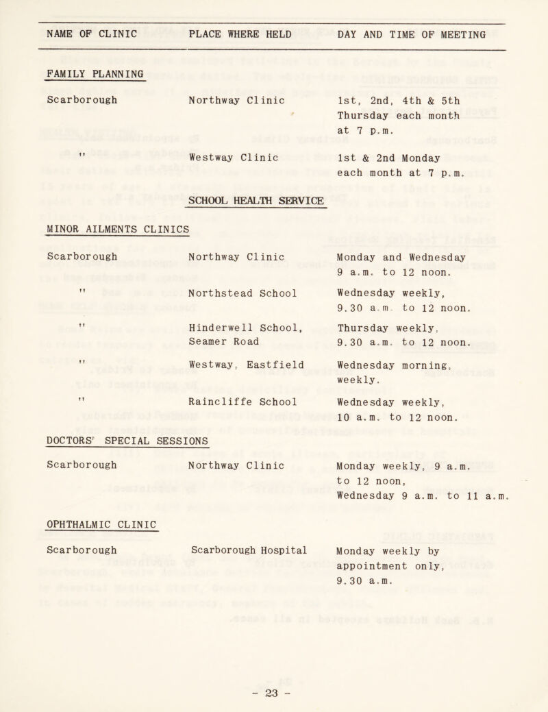 FAMILY PLANNING Scarborough Northway Clinic 1st, 2nd, 4th & 5th Thursday each month at 7 p.m. ” Westway Clinic 1st & 2nd Monday each month at 7 p.m. SCHOOL HEALTH SERVICE MINOR AILMENTS CLINICS Scarborough Northway Clinic Northstead School ” Hinderwell School, Seamer Road Westway, Eastfield M Raincliffe School DOCTORS* SPECIAL SESSIONS Scarborough Northway Clinic Monday and Wednesday 9 a.m. to 12 noon. Wednesday weekly, 9.30 a.m to 12 noon. Thursday weekly, 9.30 a.m. to 12 noon. Wednesday morning, weekly. Wednesday weekly, 10 a.m. to 12 noon. Monday weekly, 9 a.m. to 12 noon, Wednesday 9 a.m. to 11 a.m. OPHTHALMIC CLINIC Scarborough Scarborough Hospital Monday weekly by appointment only, 9.30 a.m.