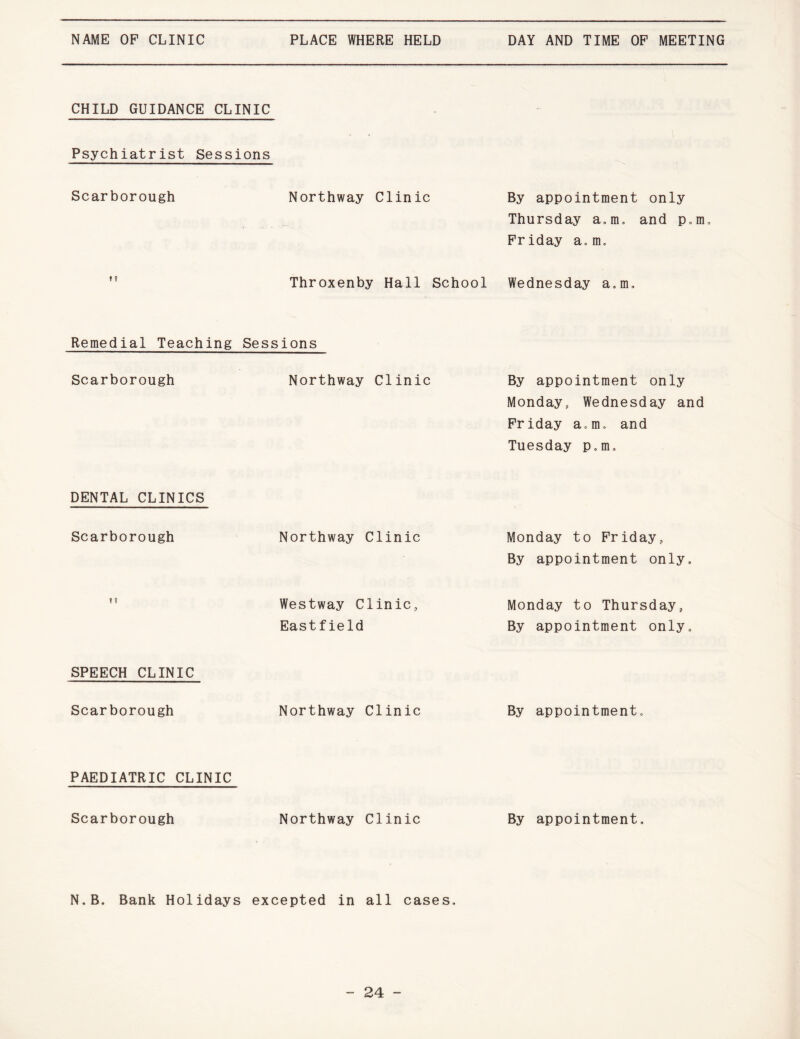 CHILD GUIDANCE CLINIC Psychiatrist Sessions Scarborough t ? Northway Clinic By appointment only Thursday a.m. and p5m. Priday a.m. Throxenby Hall School Wednesday a.m. Remedial Teaching Sessions Scarborough Northway Clinic By appointment only Monday, Wednesday and Friday a,m, and Tuesday p,m. DENTAL CLINICS Scarborough Northway Clinic Monday to Friday, By appointment only. M Westway Clinic, Eastfield SPEECH CLINIC Scarborough Northway Clinic Monday to Thursday, By appointment only. By appointment. PAEDIATRIC CLINIC Scarborough Northway Clinic By appointment. N.B. Bank Holidays excepted in all cases.