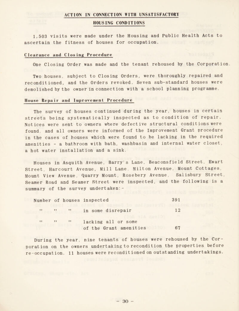 ACTION IN CONNECTION WITH UNSATISFACTORY HOUSING CONDITIONS 1,503 visits were made under the Housing and Public Health Acts to ascertain the fitness of houses for occupation. Clearance and Closing Procedure One Closing Order was made and the tenant rehoused by the Corporation, Two houses, subject to Closing Orders, were thoroughly repaired and reconditioned, and the Orders revoked. Seven substandard houses were demolished by the owner in connection with a school planning programme. House Repair and Improvement Procedure The survey of houses continued during the year, houses in certain streets being systematically inspected as to condition of repair. Notices were sent to owners where defective structural conditions were found, and all owners were informed of the Improvement Grant procedure in the cases of houses which were found to be lacking in the required amenities - a bathroom with bath, washbasin and internal water closet, a hot water installation and a sink. Houses in Asquith Avenue, Barry's Lane, Beaconsfield Street, Ewart Street, Harcourt Avenue, Mill Lane Milton Avenue, Mount Cottages, Mount View Avenue, Quarry Mount, Rosebery Avenue, Salisbury Street, Seamer Road and Seamer Street were inspected, and the following is a summary of the survey undertaken:- Number of houses inspected 391 ”   in some disrepair 12  ”  lacking all or some of the Grant amenities 67 During the year, nine tenants of houses were rehoused by the Cor¬ poration on the owners undertaking to recondition the properties before re-occupation, 11 houses were reconditioned on outstanding undertakings.